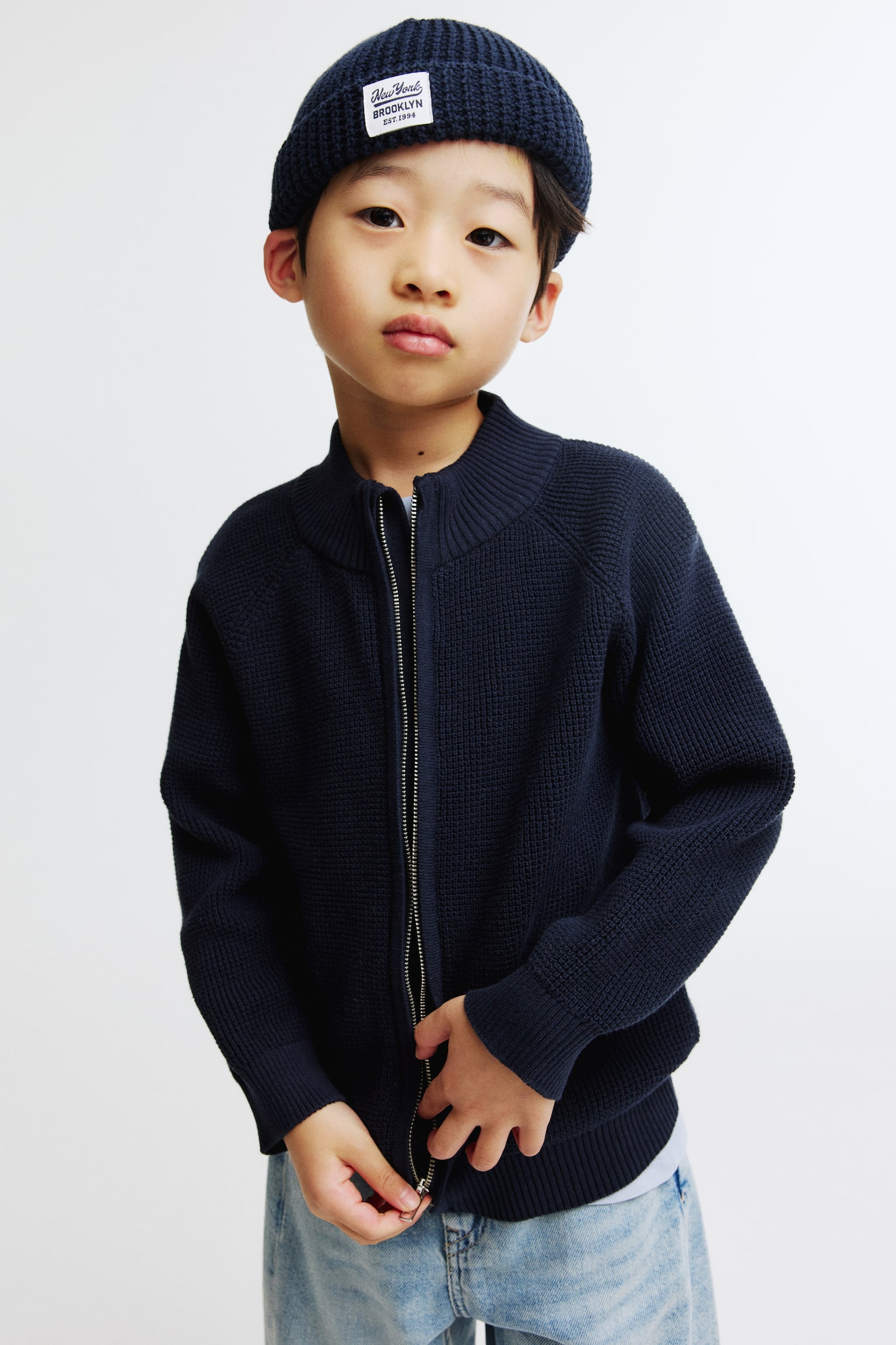 Cotton zip-through cardigan - Navy blue/Khaki green - 3