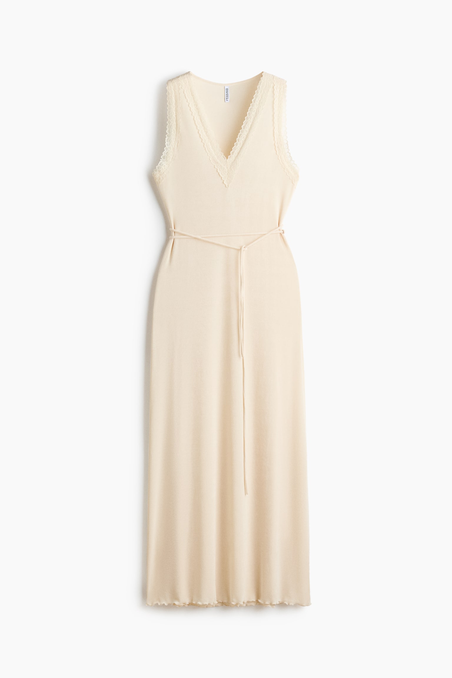 Lace-Trimmed Tie-Belt Dress - Cream - 1