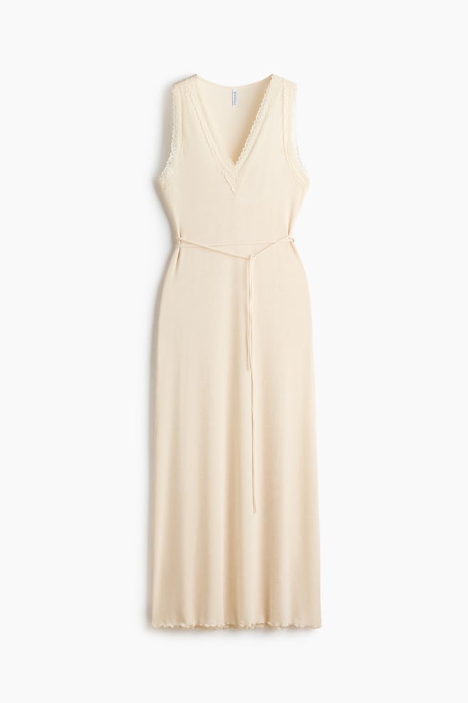 Robe avec ceinture à nouer et dentelle - Crème - 1