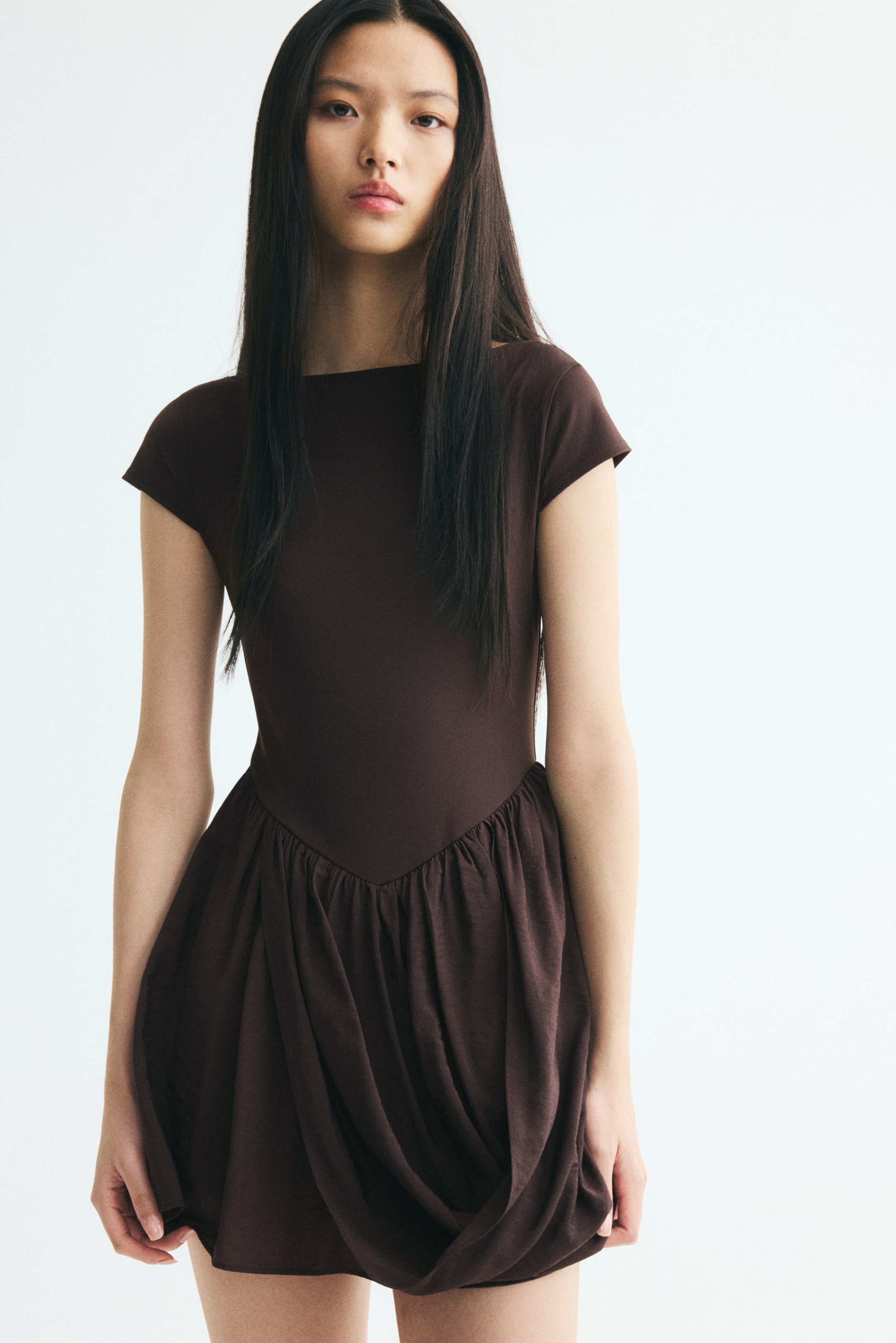 Dual-Fabric Draped-Panel Dress