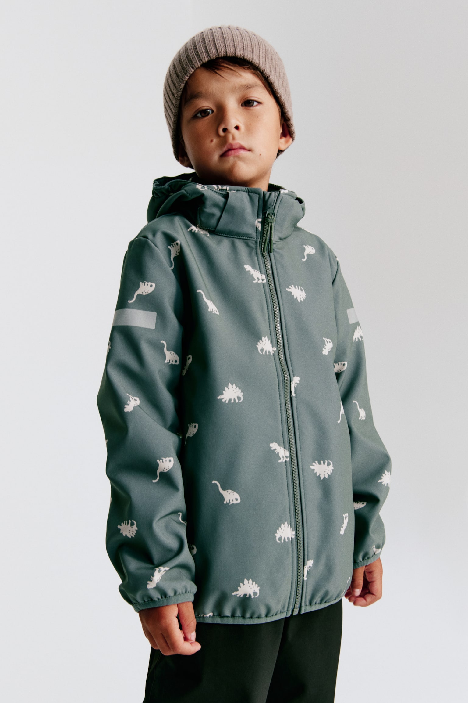 Water-resistant softshell jacket - Dusty turquoise/Dinosaurs/Dusty blue/Stegosauruses - 1