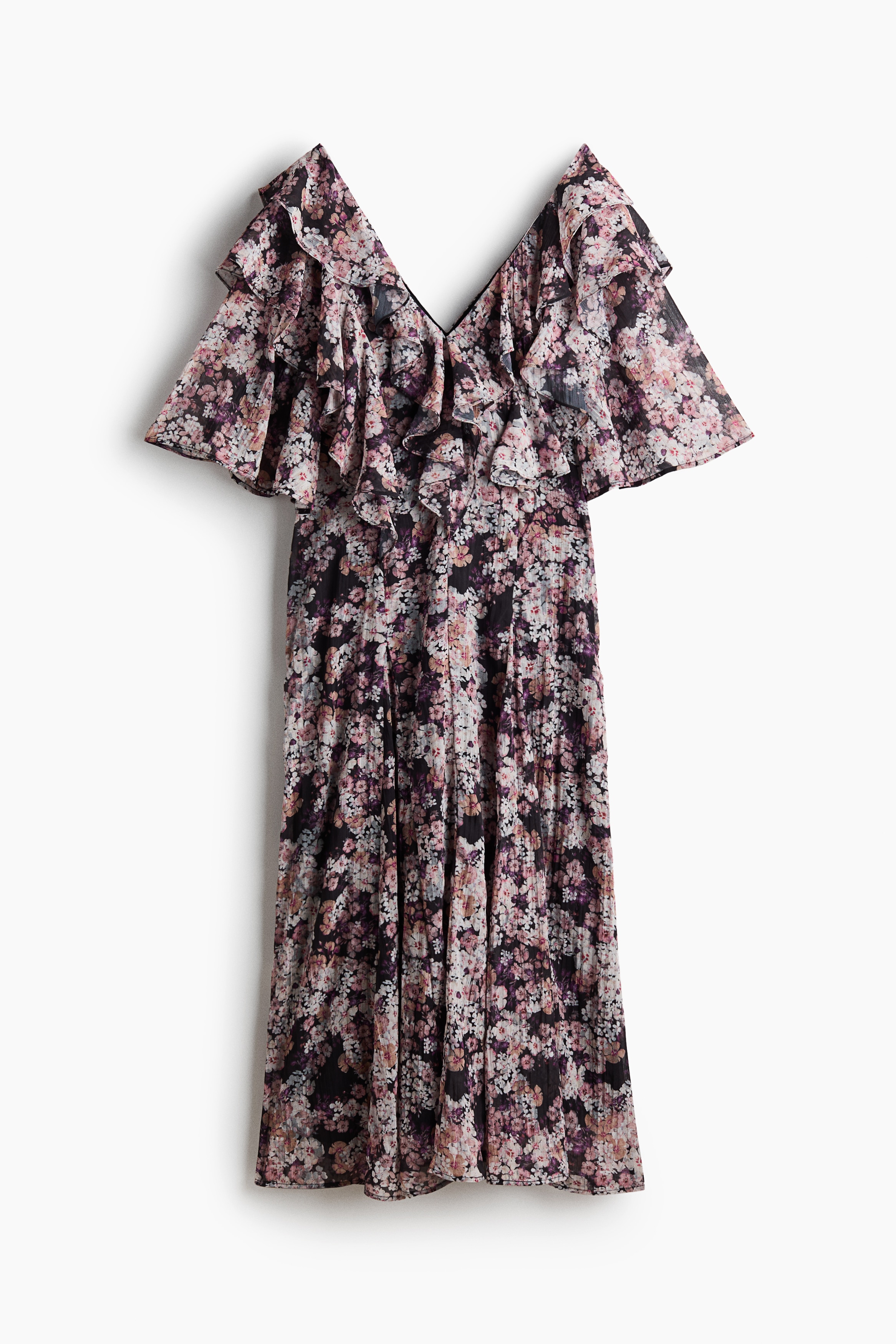 Flounced Plissé Dress - Black/floral