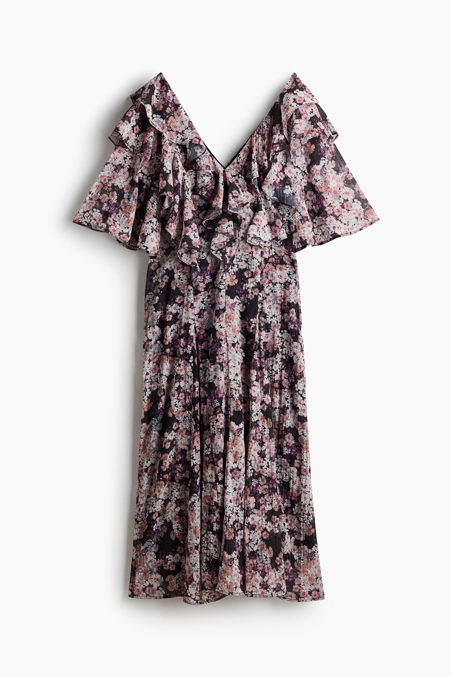 荷葉邊褶縐洋裝 - 黑色/花朵 - 1