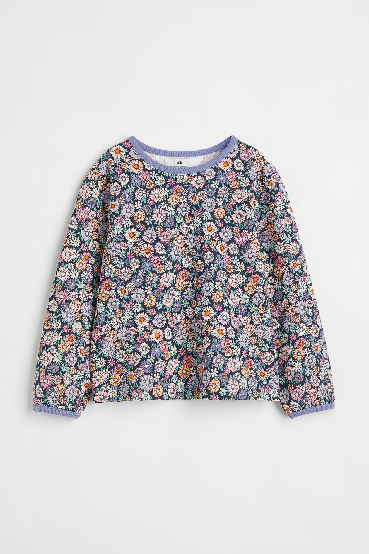 Cotton Sweatshirt - Crew-neck - Long sleeve - Dark blue/floral - Kids ...