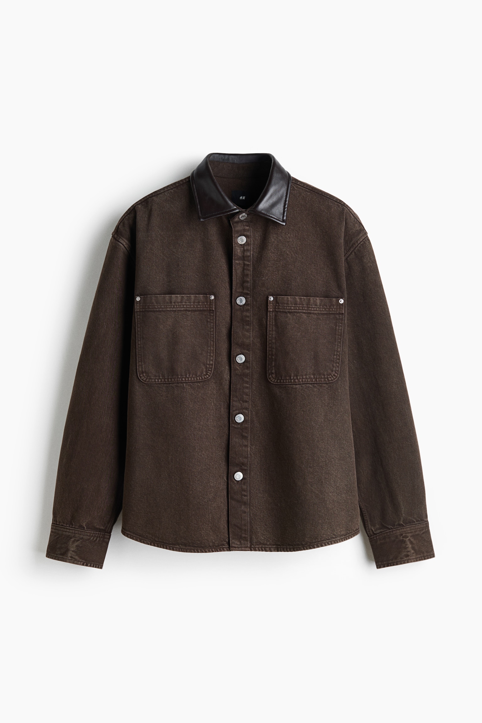 Мужская рубашка H&M Denim Overshirt with Coated Collar, цвет: Тёмный коричневый — фото 1