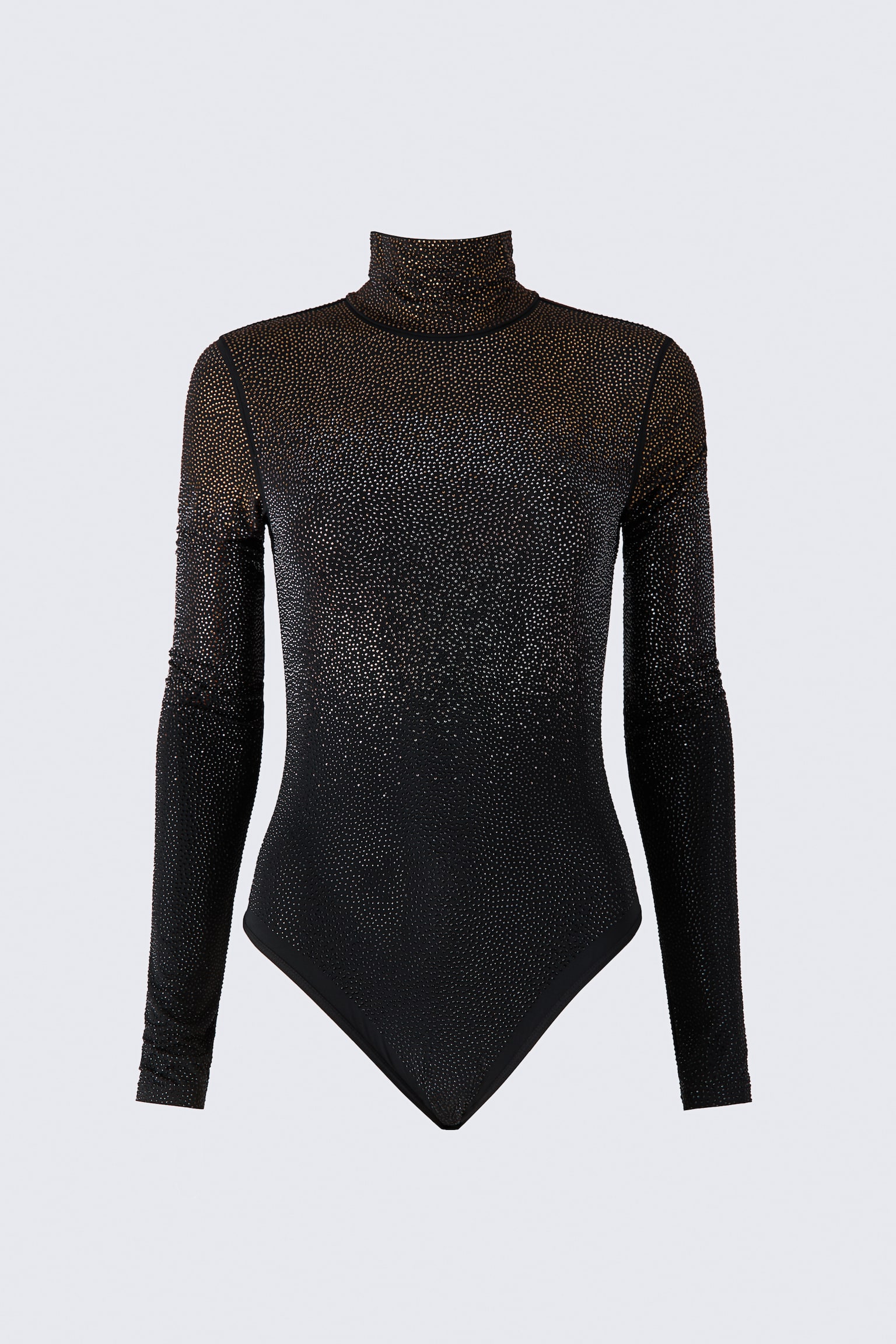 A long-sleeved black bodysuit is shown from the front, featuring a roll neck and a fitted silhouette. The garment is embellished with all-over rhinestones in a gradient pattern that transitions from gold at the neck and shoulders to silver across the chest and black at the lower bodice.