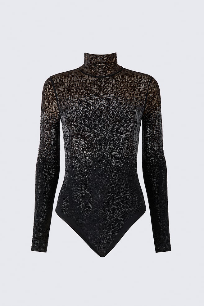 A long-sleeved black bodysuit is shown from the front, featuring a roll neck and a fitted silhouette. The garment is embellished with all-over rhinestones in a gradient pattern that transitions from gold at the neck and shoulders to silver across the chest and black at the lower bodice. - 1