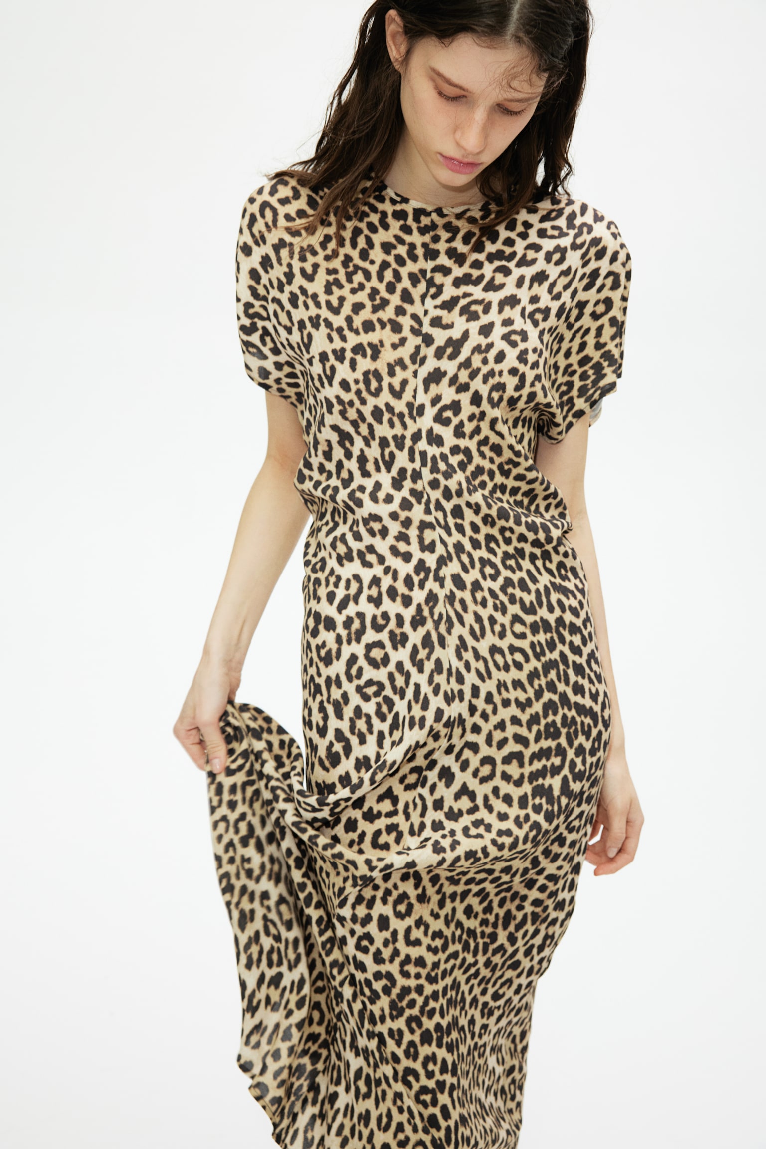 Animal print H&M Calf-length dress in woven fabric with a round neckline and a concealed zip and hook-and-eye fastener at the back. Short sleeves, a tapered waist and a softly draping skirt. Unlined.