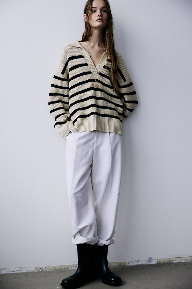 Rib-knit polo jumper - Light beige/Black striped/Black/White striped/Cream/Black striped - 3