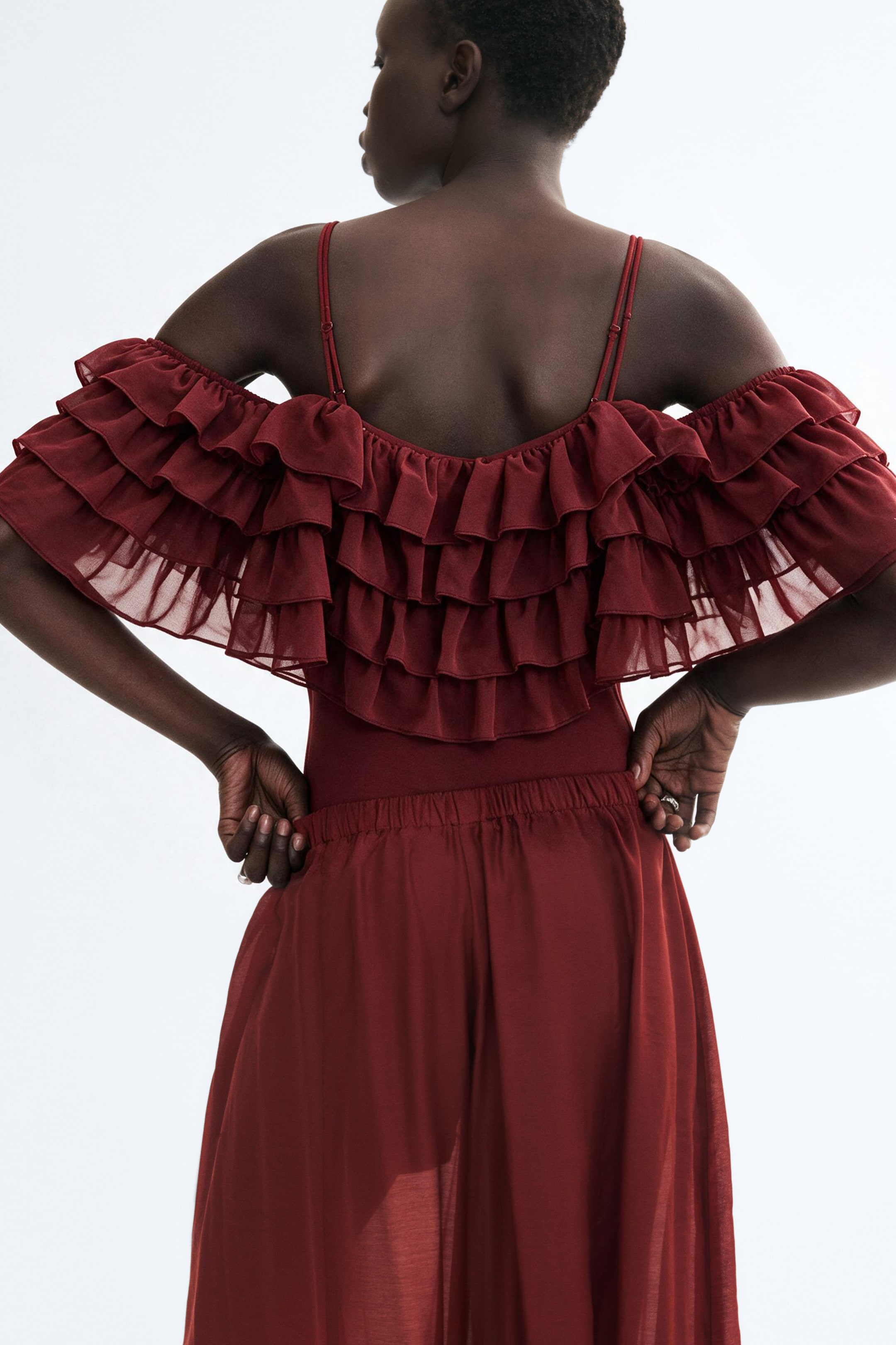 Ruffled Open-Shoulder Bodysuit