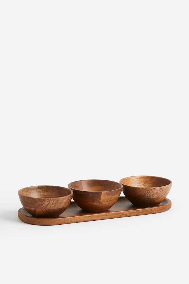 Wooden serving bowls and tray - Brown - 5