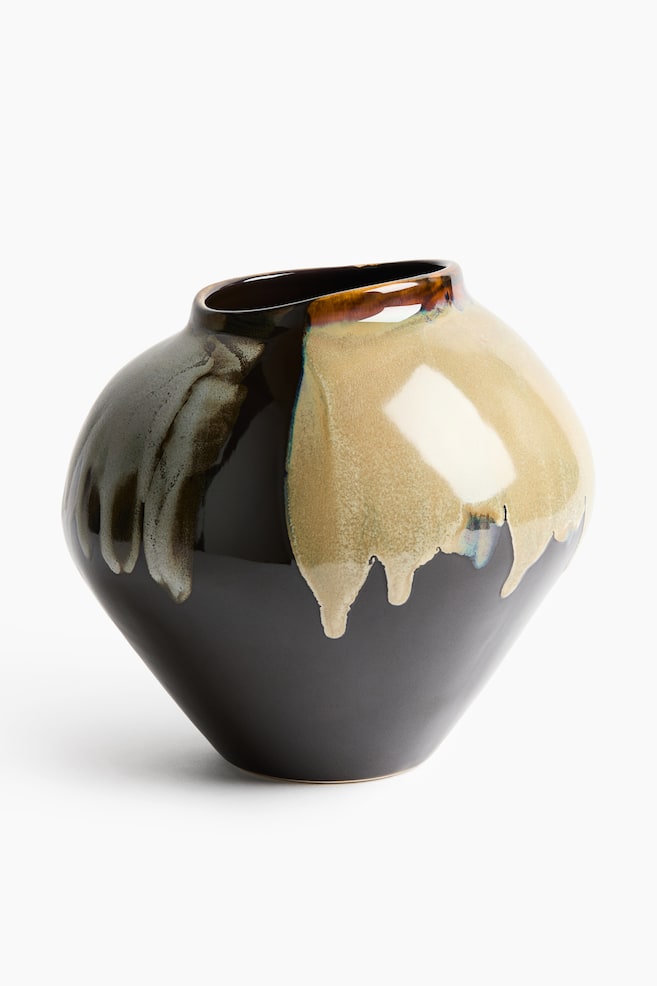 Large Irregular Stoneware Vase - Dark brown/patterned/Light yellow/Light khaki green - 1
