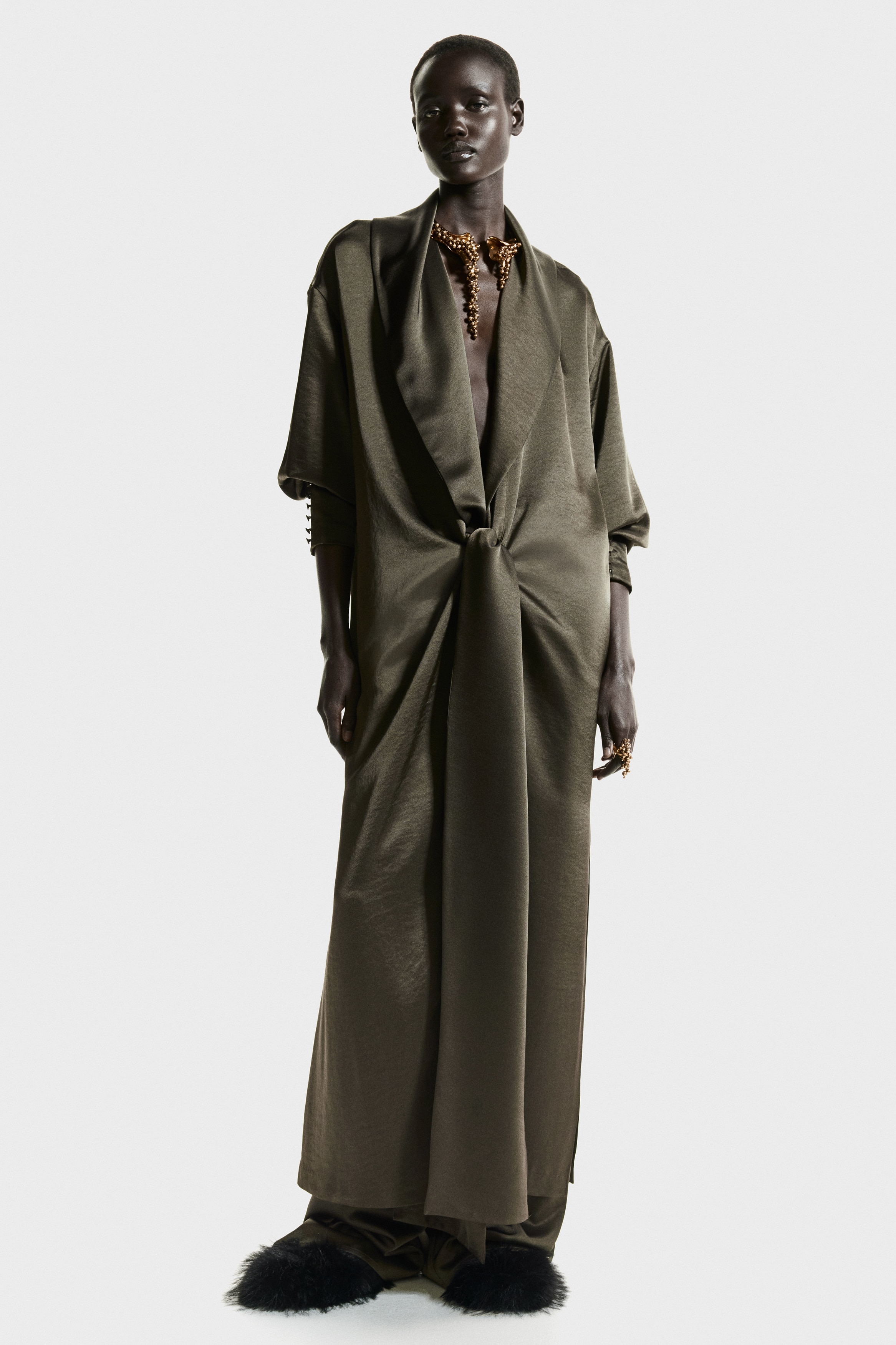 H & M - サテンロングワンピース - グリーン