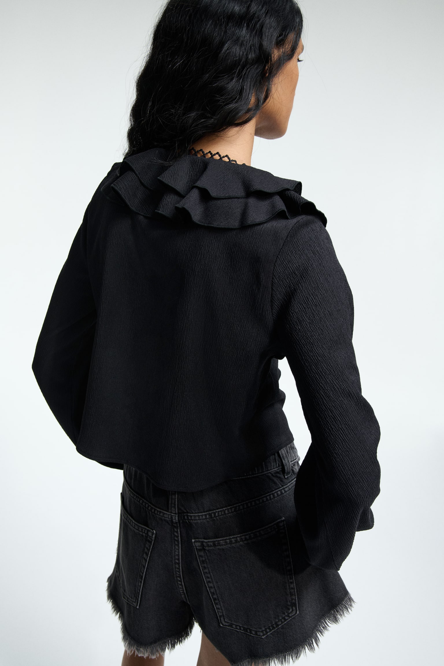 Áo kiểu viền nhún bèo - Màu đen/Màu đỏ/Màu trắng/Hoa/Màu ngọc lam khói - 5