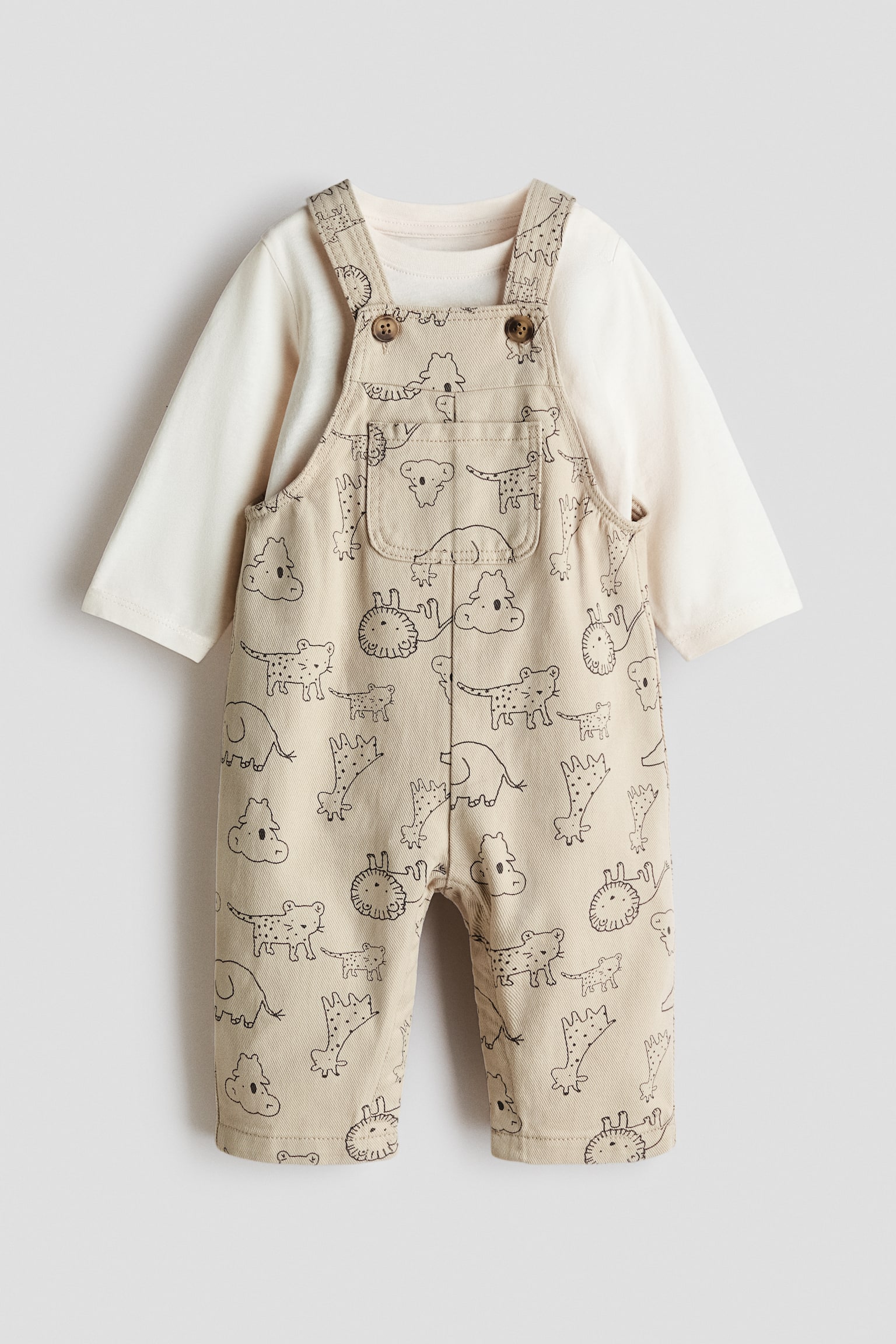 Set 2 pezzi salopette e maglia - Beige chiaro/animali/Blu navy/bianco