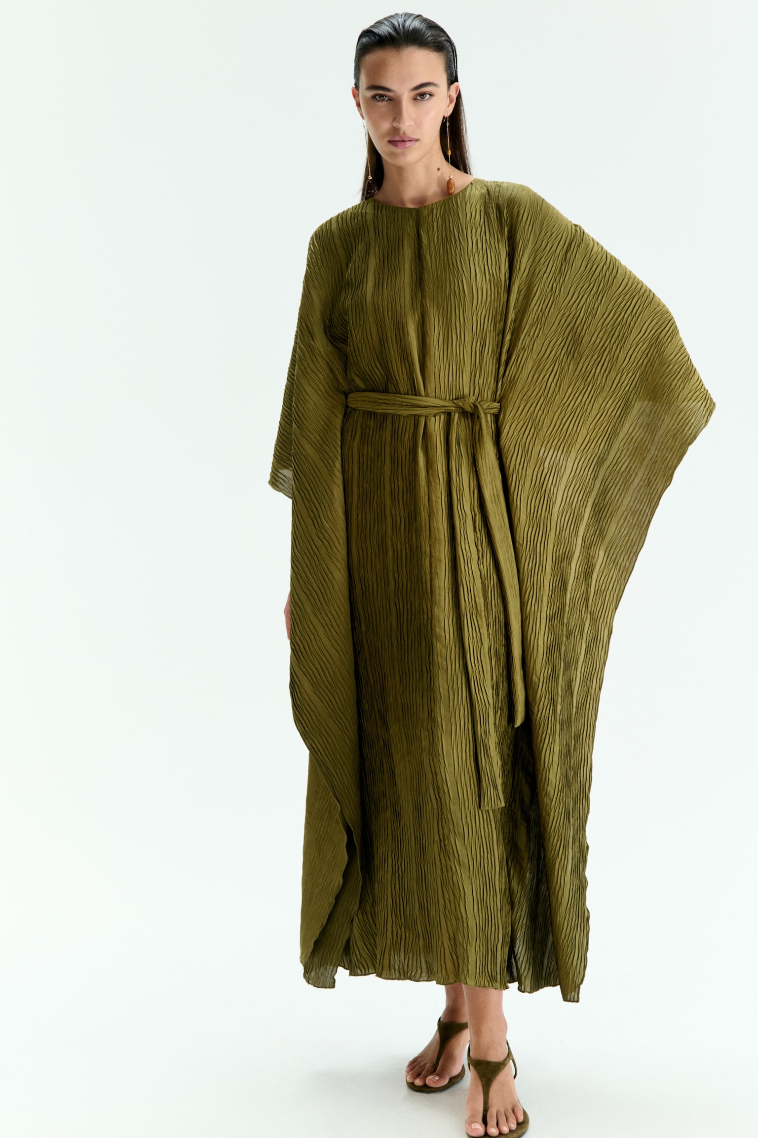 Crinkled tie-belt kaftan dress - Dark khaki green/Light beige - 1