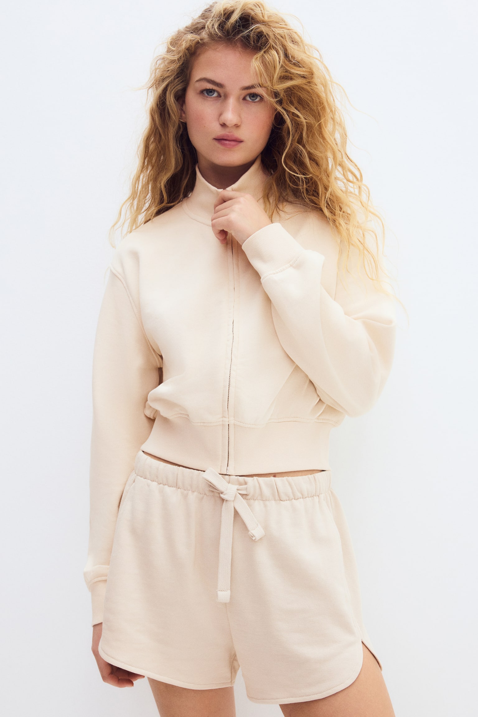 短版拉鍊運動衫 - 淺米色/淺灰混色/海軍藍 - 4