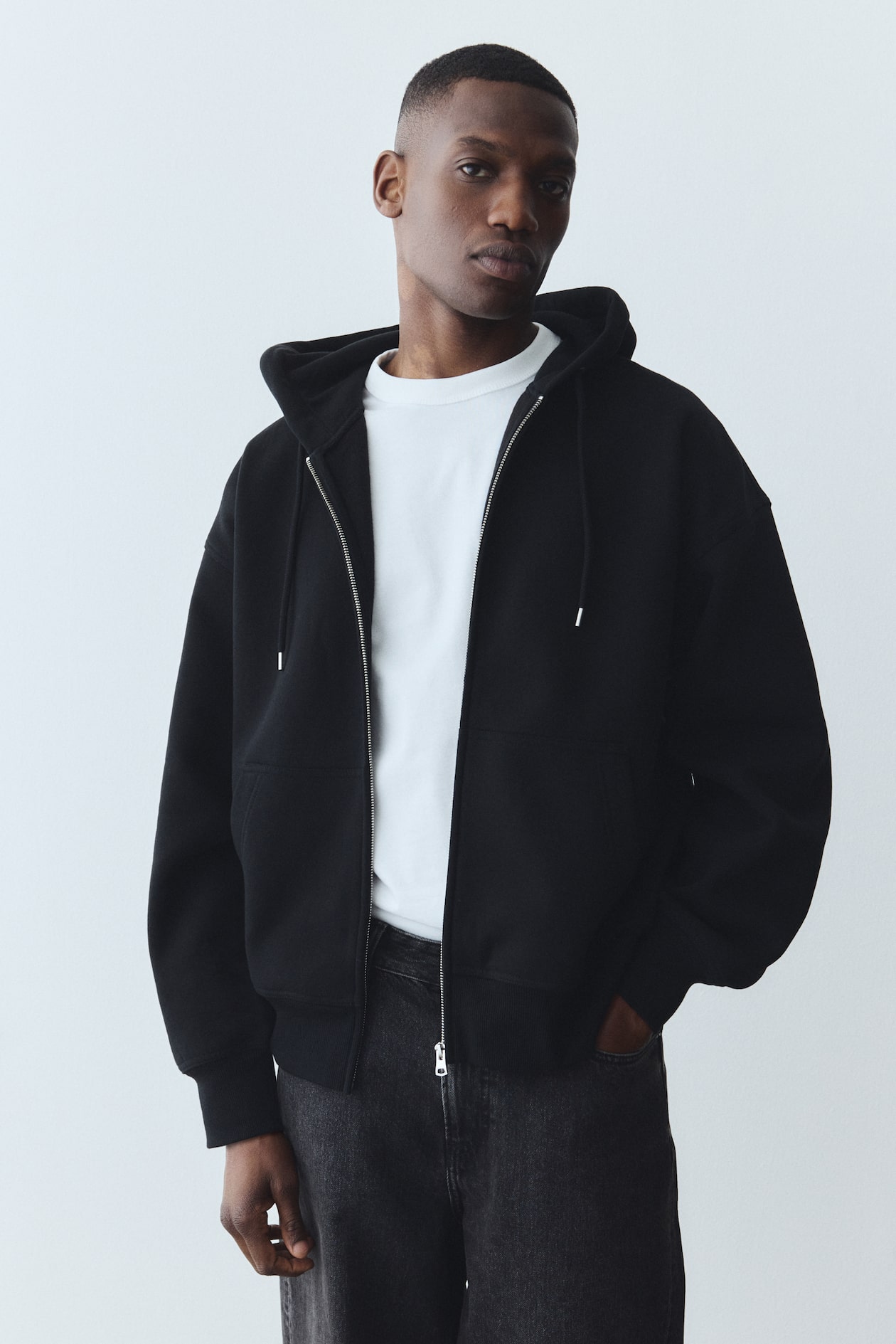 Oversized Fit Zip-through hoodie Black Men H&M SG