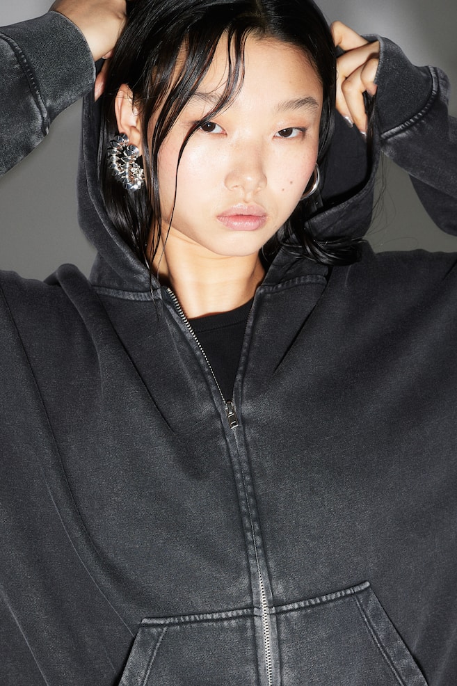 Oversized zip-through hoodie - Black/Washed out/Cream/Light beige - 4