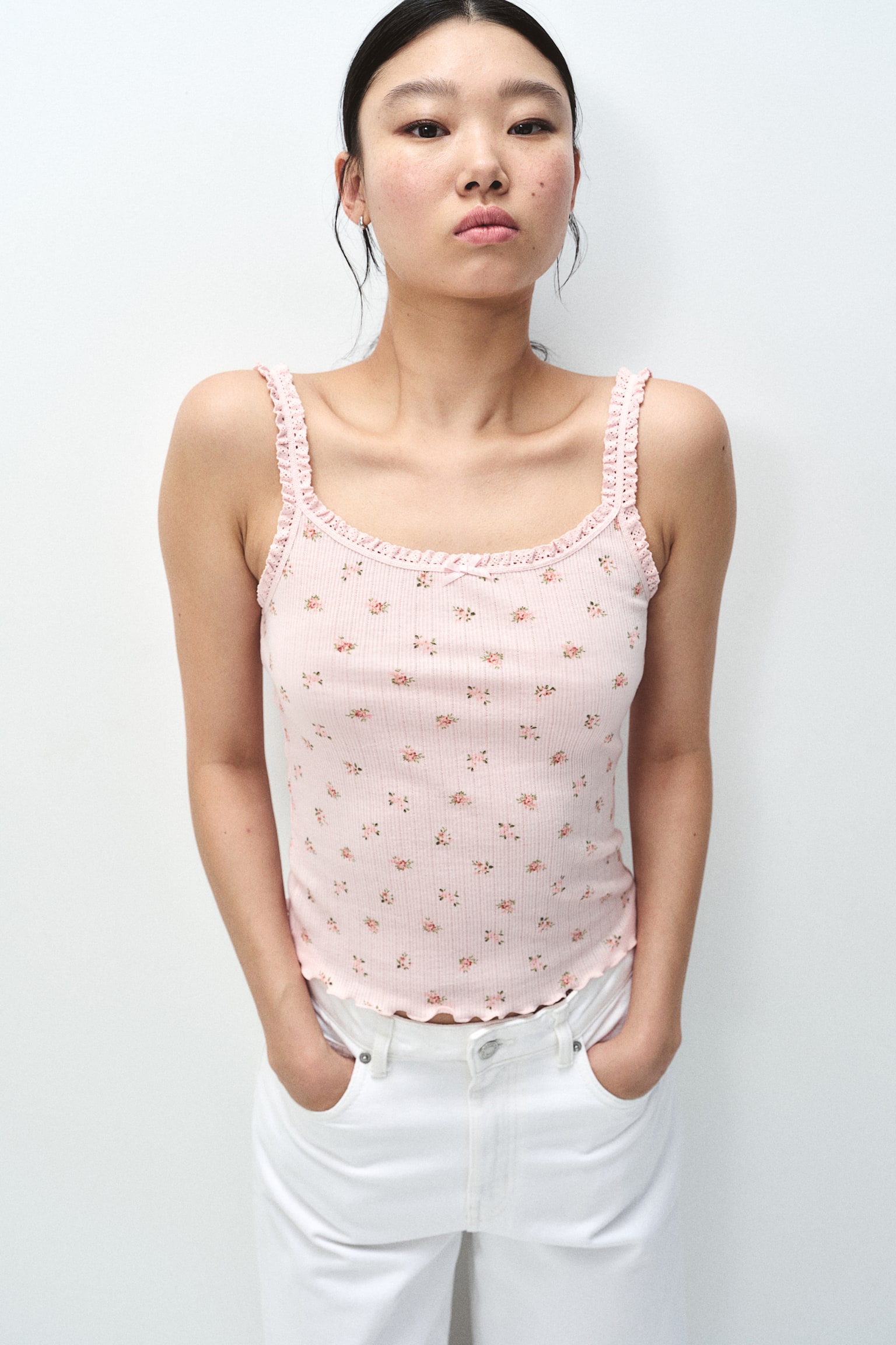 Lace-trimmed jersey strappy top - Light dusty pink/Floral/Black/Striped/Cream/Floral/Light pink/Light purple - 4