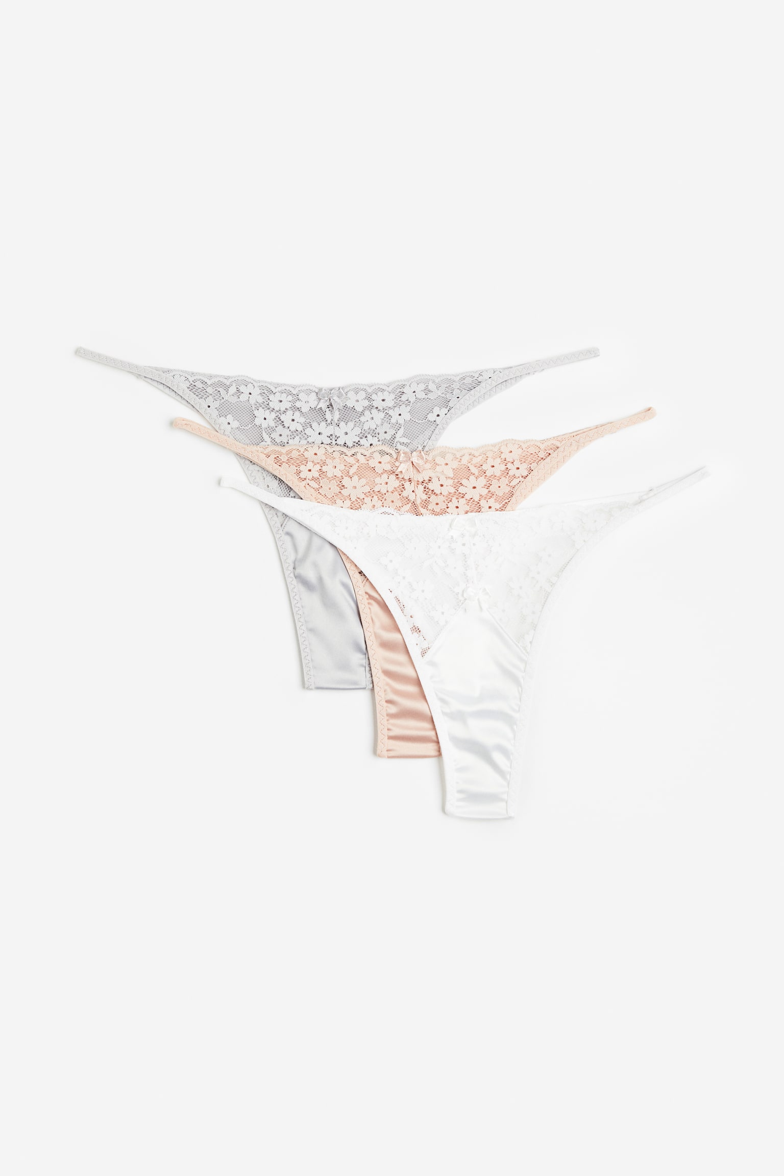 3-pack lace and satin Brazilian briefs - Light grey/Light beige/White - 1