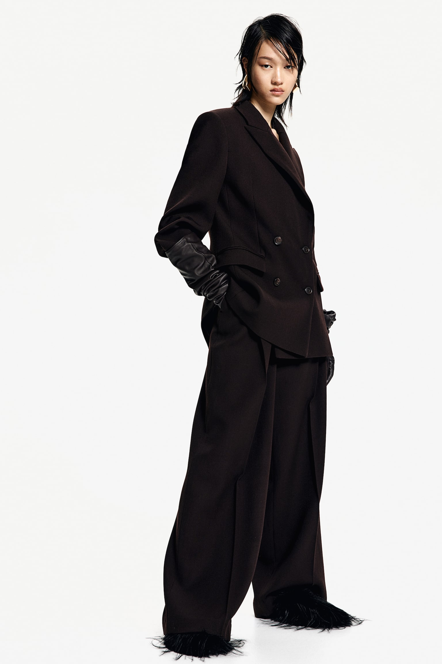 Tailored wool trousers - Dark brown/Black - 1