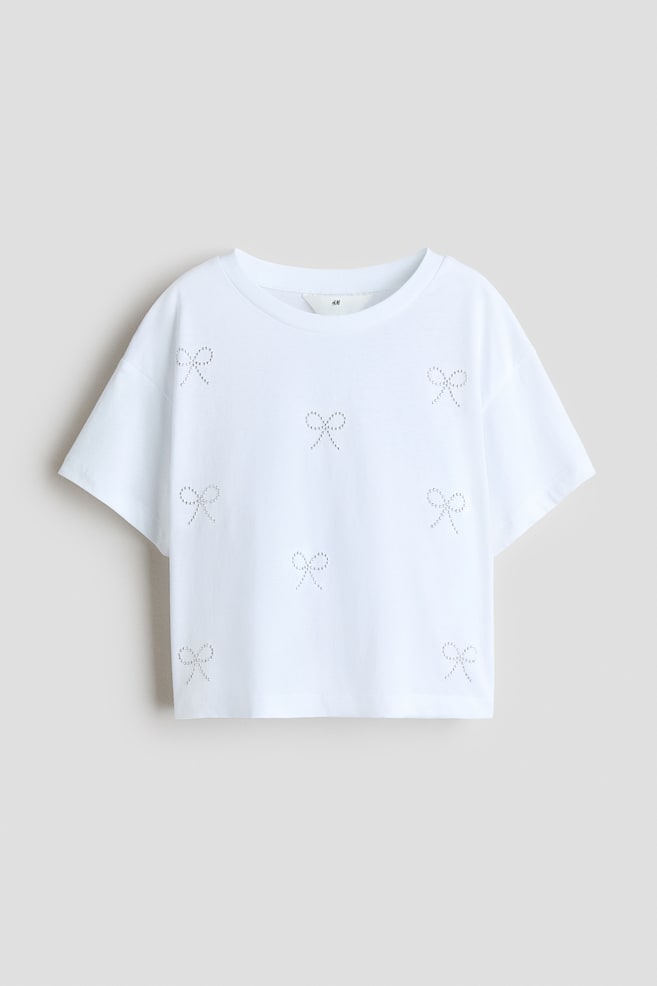 Verziertes T-Shirt aus Baumwolle - Weiß/Schleifen/Mattlila/Sterne - 1