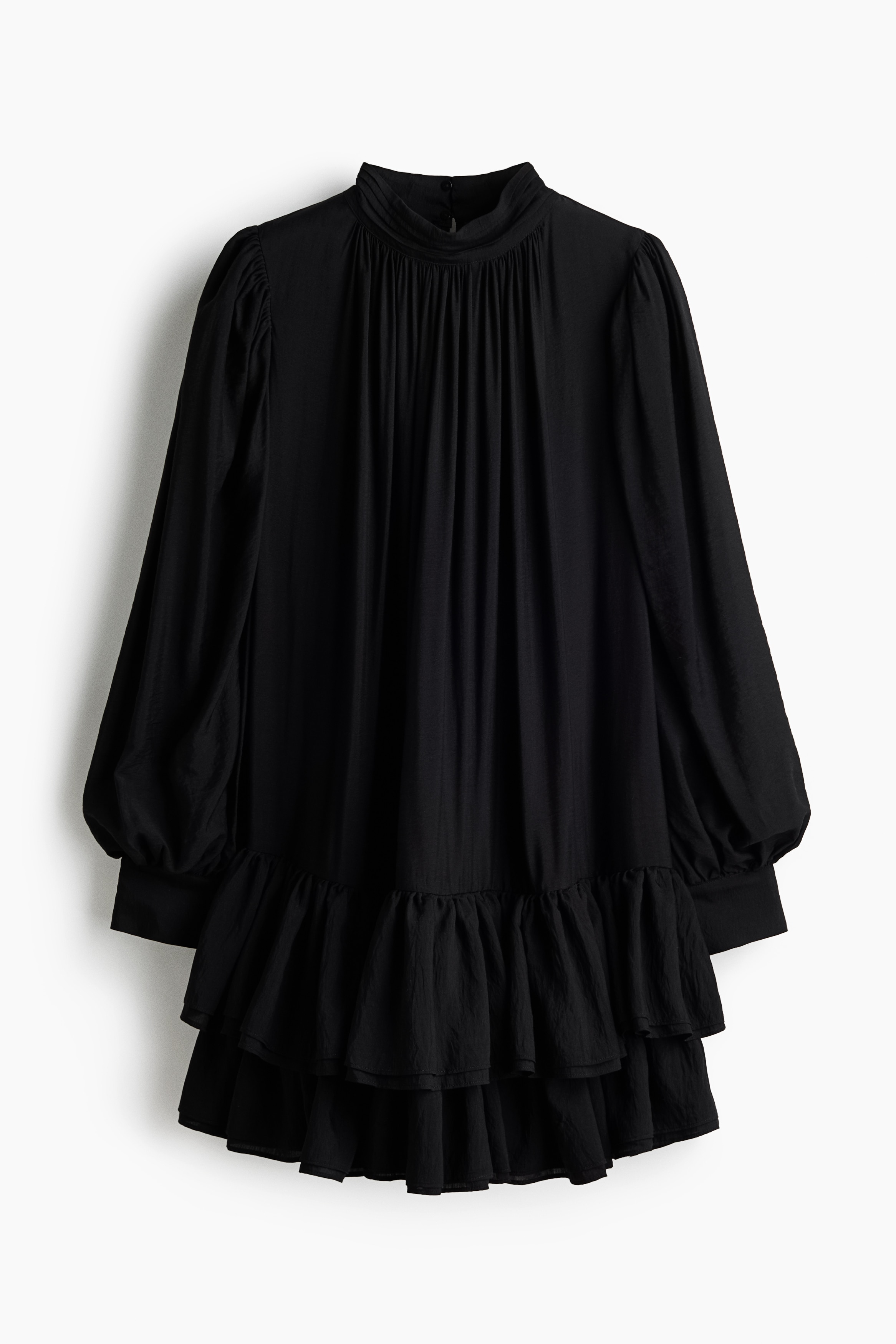 Vestido escalonado con mangas globo - Negro