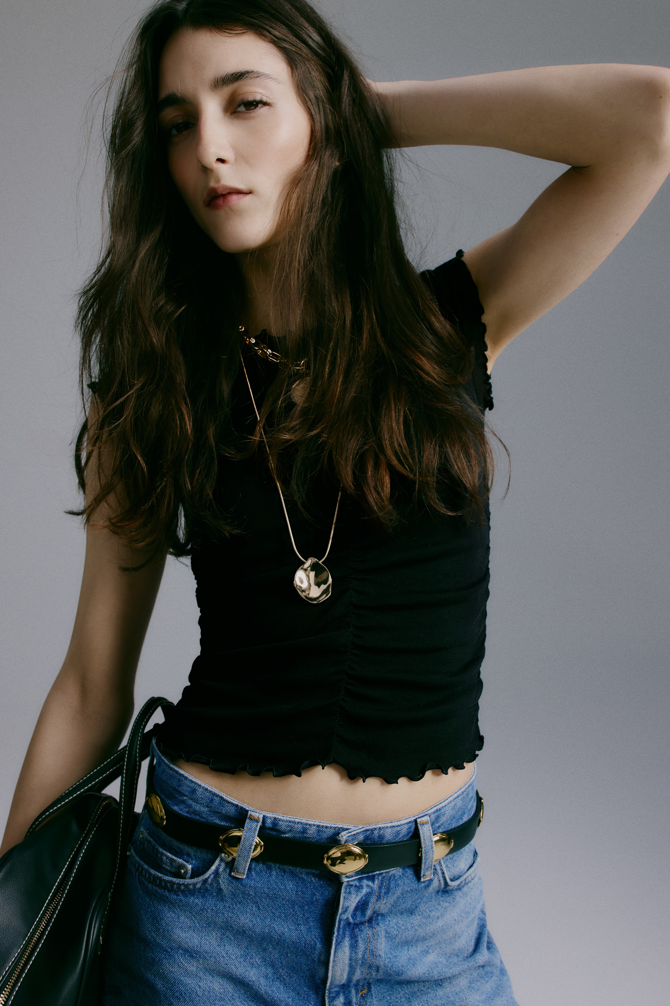 Draperet top i bomuld - Sort/Brun