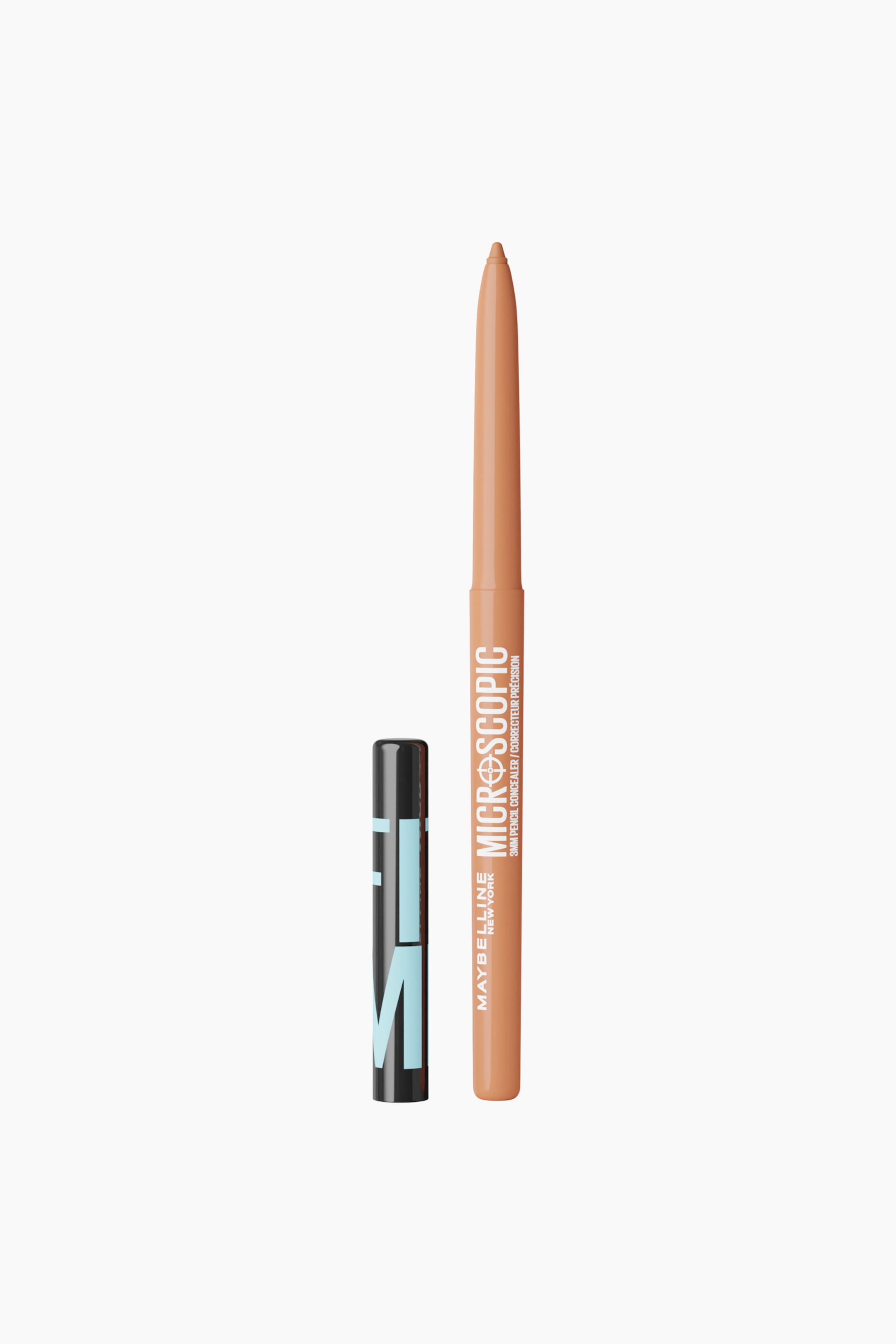 Größeres Bild ansehen: Ein nudefarbener Concealer-Stift steht aufrecht und präsentiert seine spitze Nude-Spitze sowie den weißen Markentext entlang des Stiftschafts. Daneben steht eine abnehmbare, glänzend schwarze Kappe mit einem hellblauen grafischen Design.