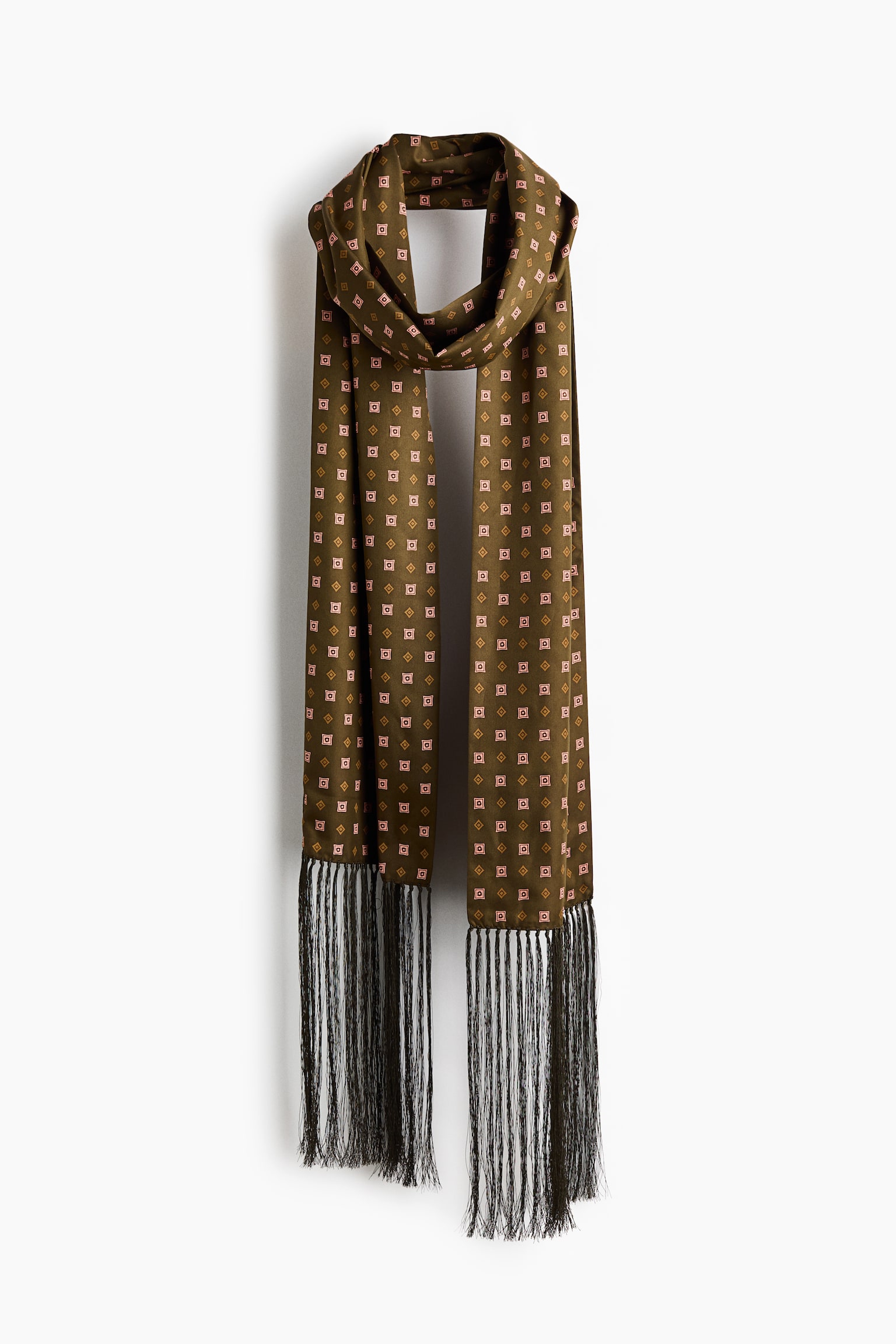 Scarf with Fringe - Olive green/patterned