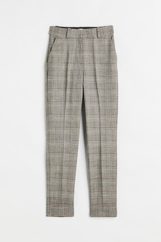 Cigarette trousers - Regular waist - Ankle length - Brown/Checked ...