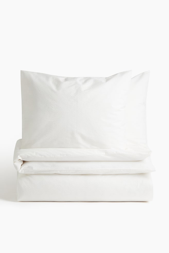 Seersucker King/Queen Duvet Cover Set - White/Light dusty blue/Light beige/Dark beige - 1
