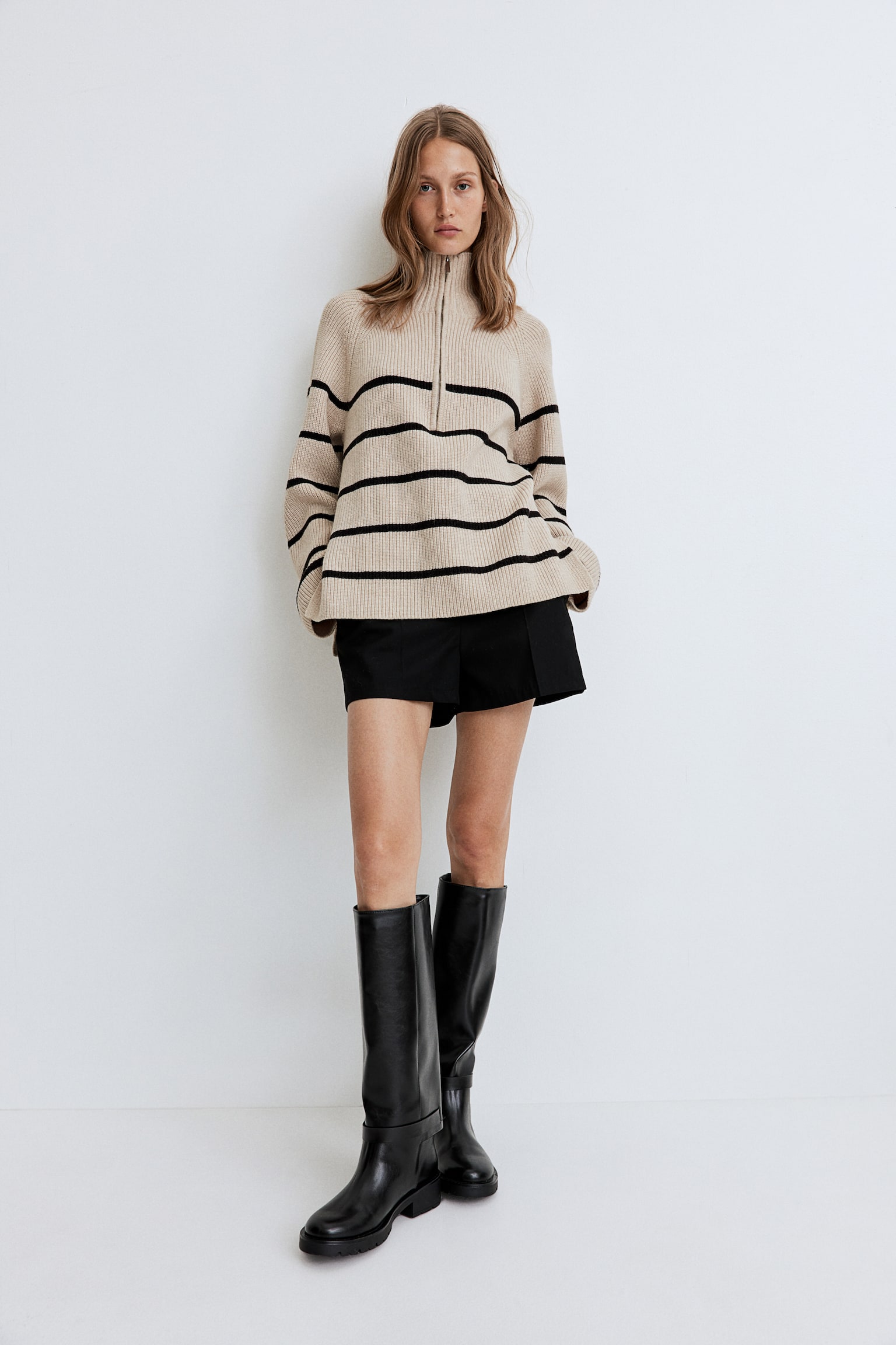 Zip-top rib-knit jumper - Light beige/Striped/Cream - 7