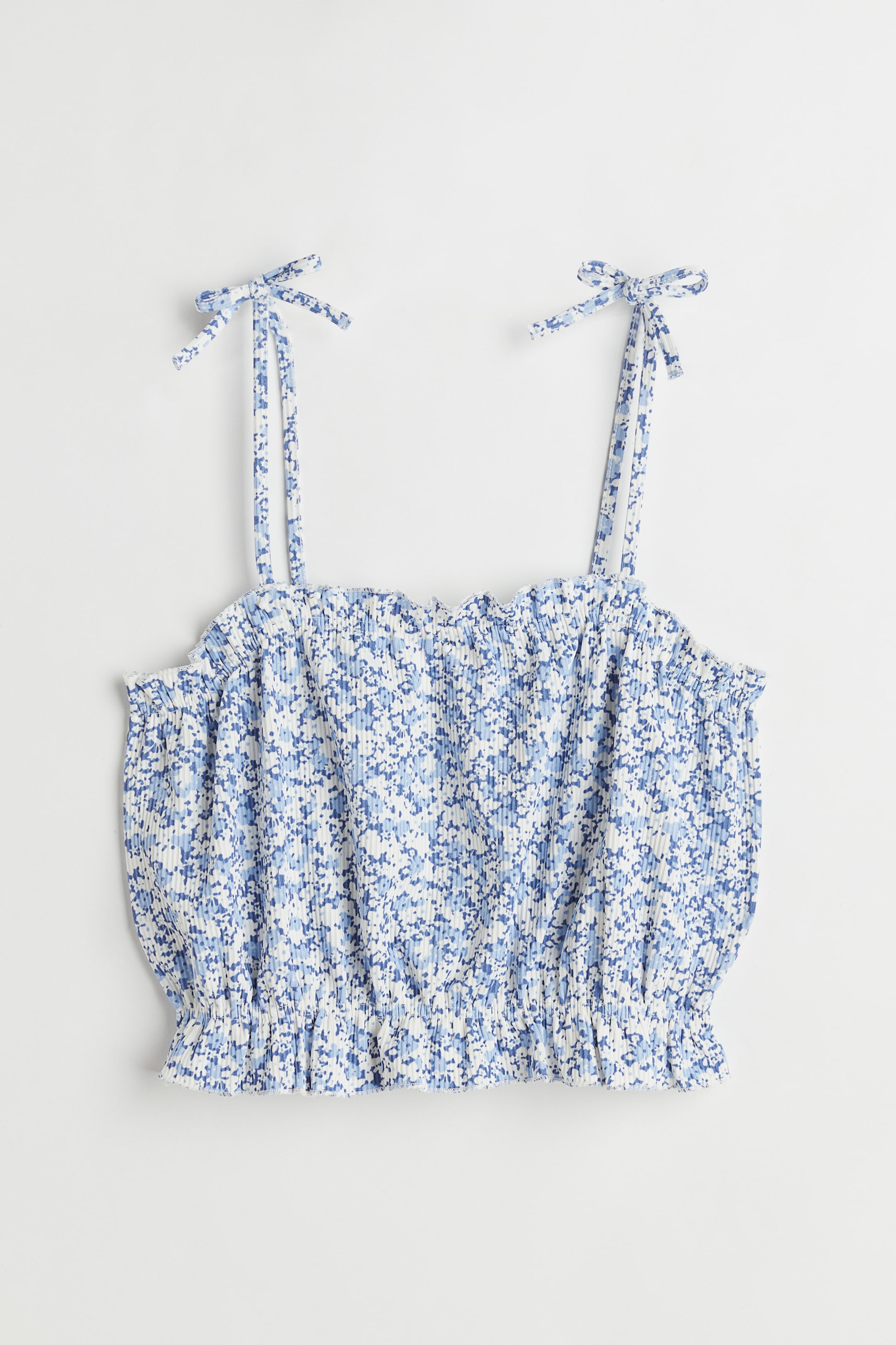 Short Ruffle-trimmed Top - Sleeveless - Short - Blue/small flowers ...