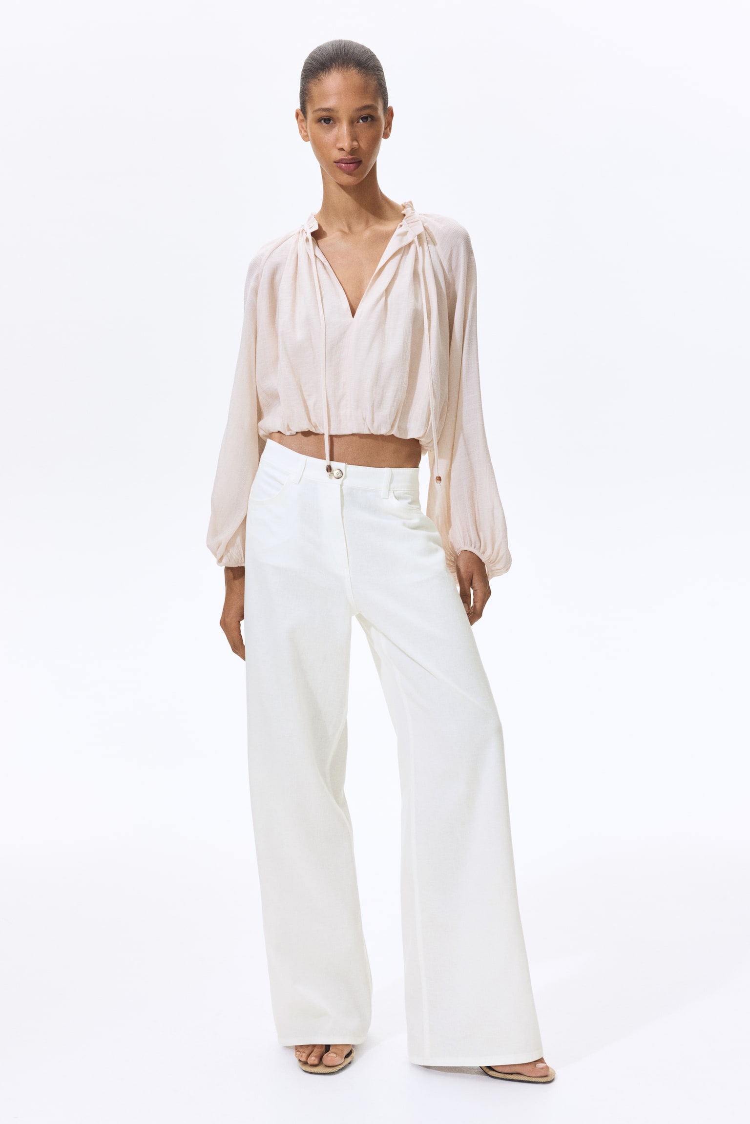 Linen-blend trousers - White/Dark brown - 1