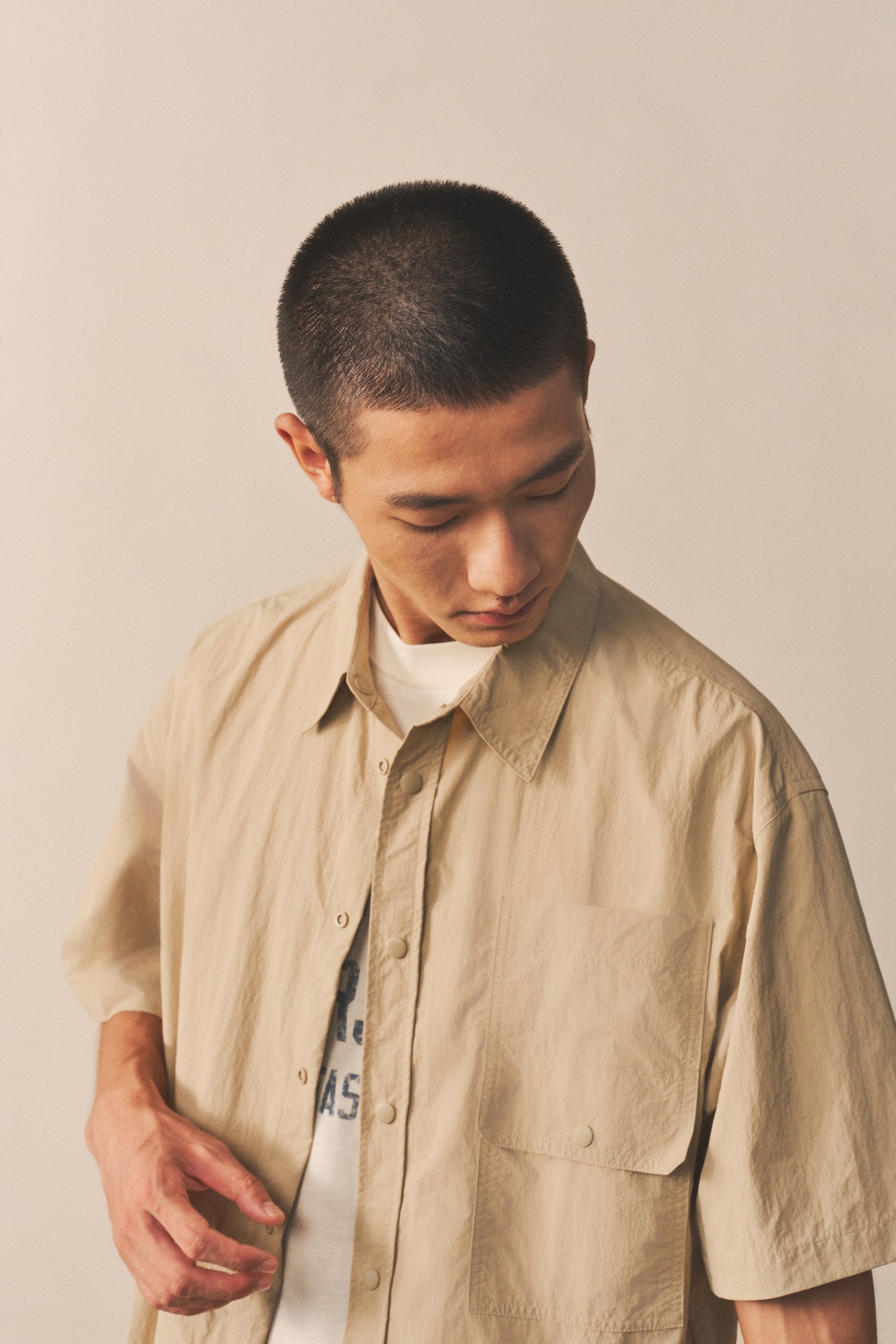 Loose Fit Short-sleeved utility shirt - Beige/Green - 4