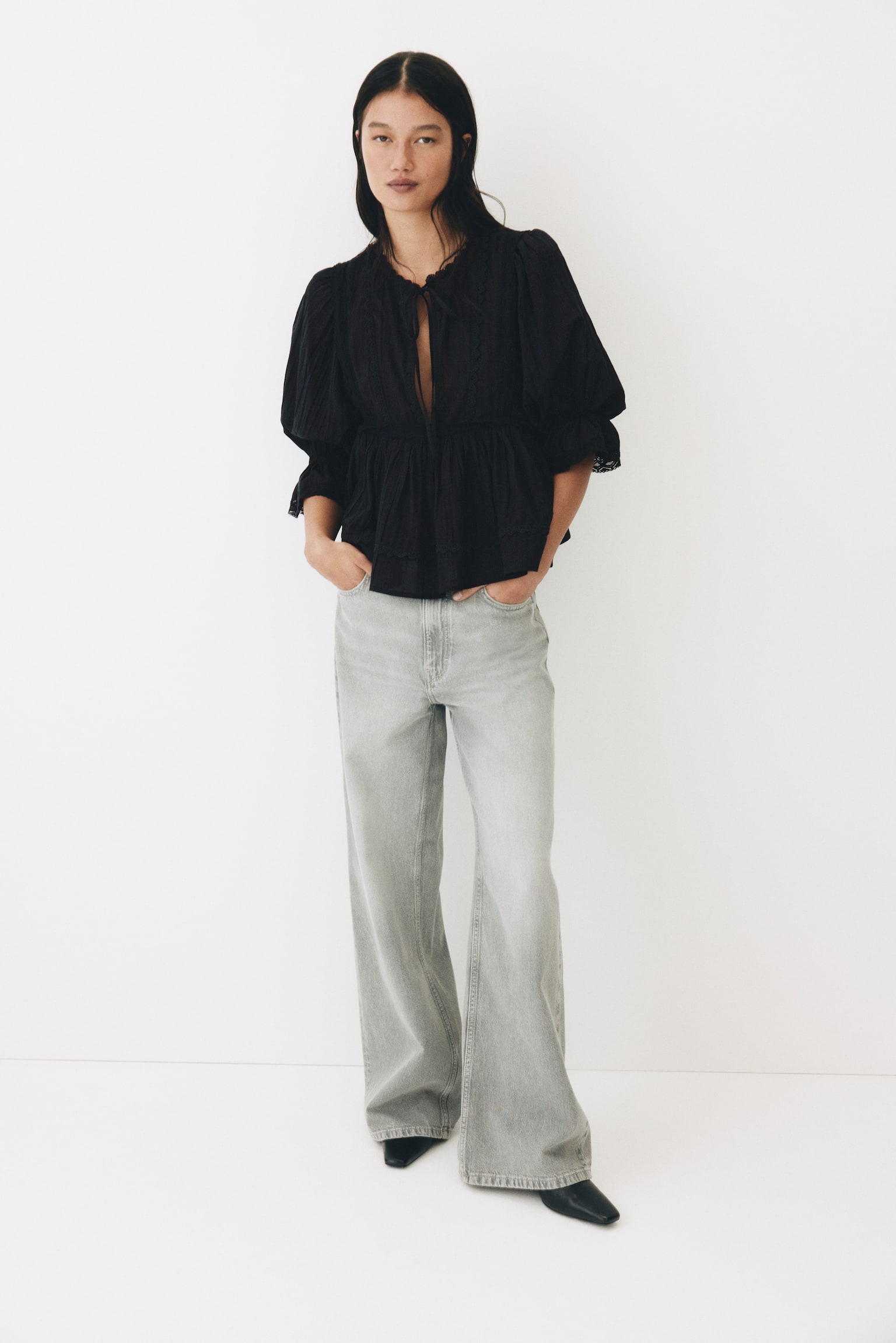 Lace-trimmed cotton blouse - Black/Pink/White - 3