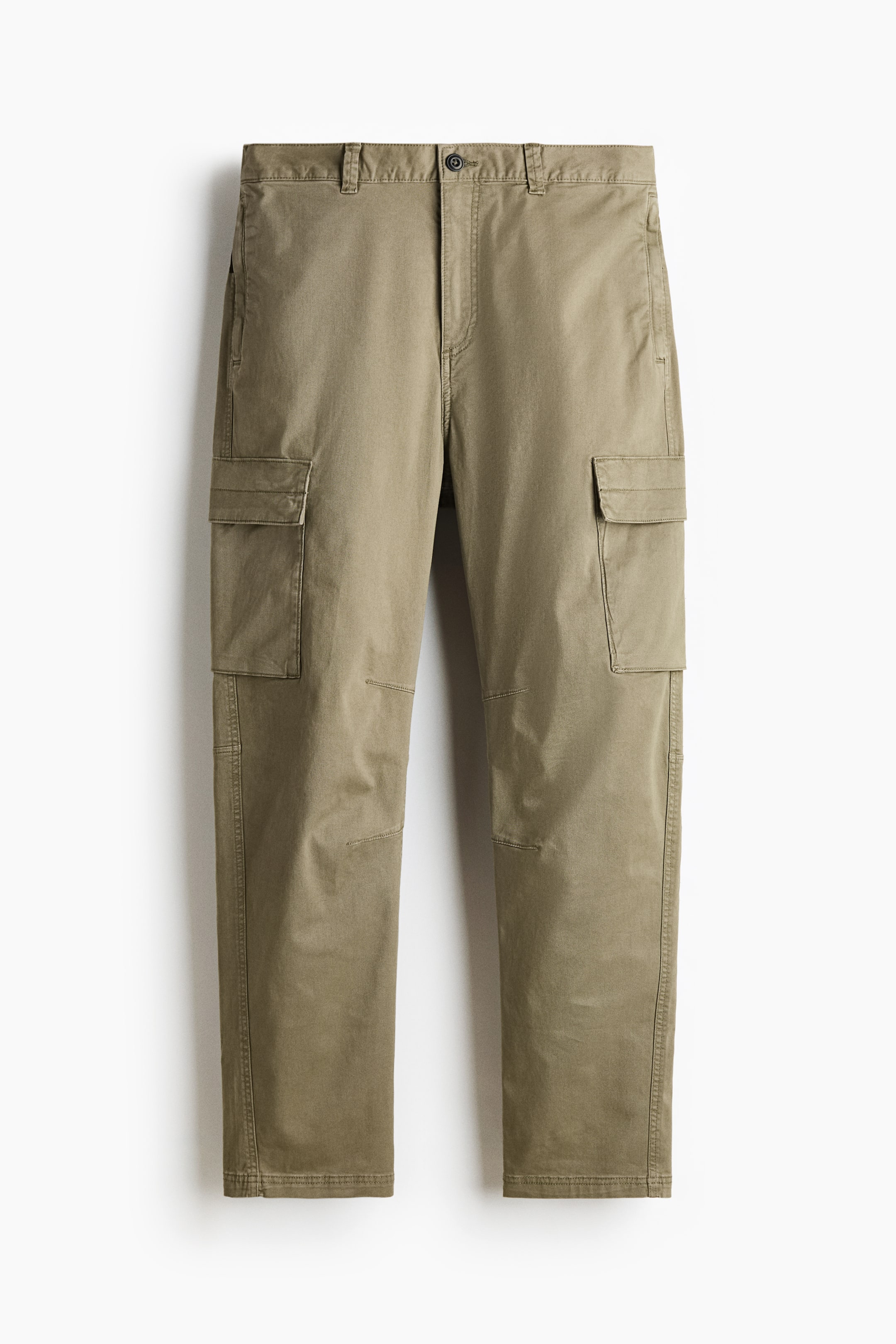 View larger image: Khaki green cargo pants are hanging, facing forward. They feature a button closure, belt loops, side slash pockets, and flap cargo pockets on each leg, with additional seaming details on the knees.