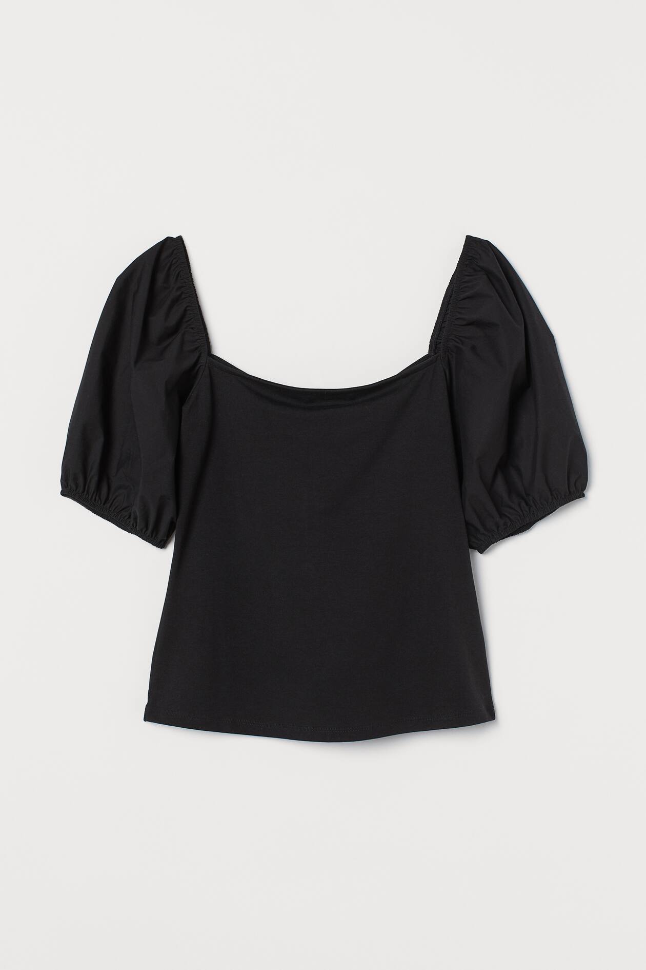 Puff-sleeved top - Square neckline - Short sleeve - Black - Ladies | H&M GB