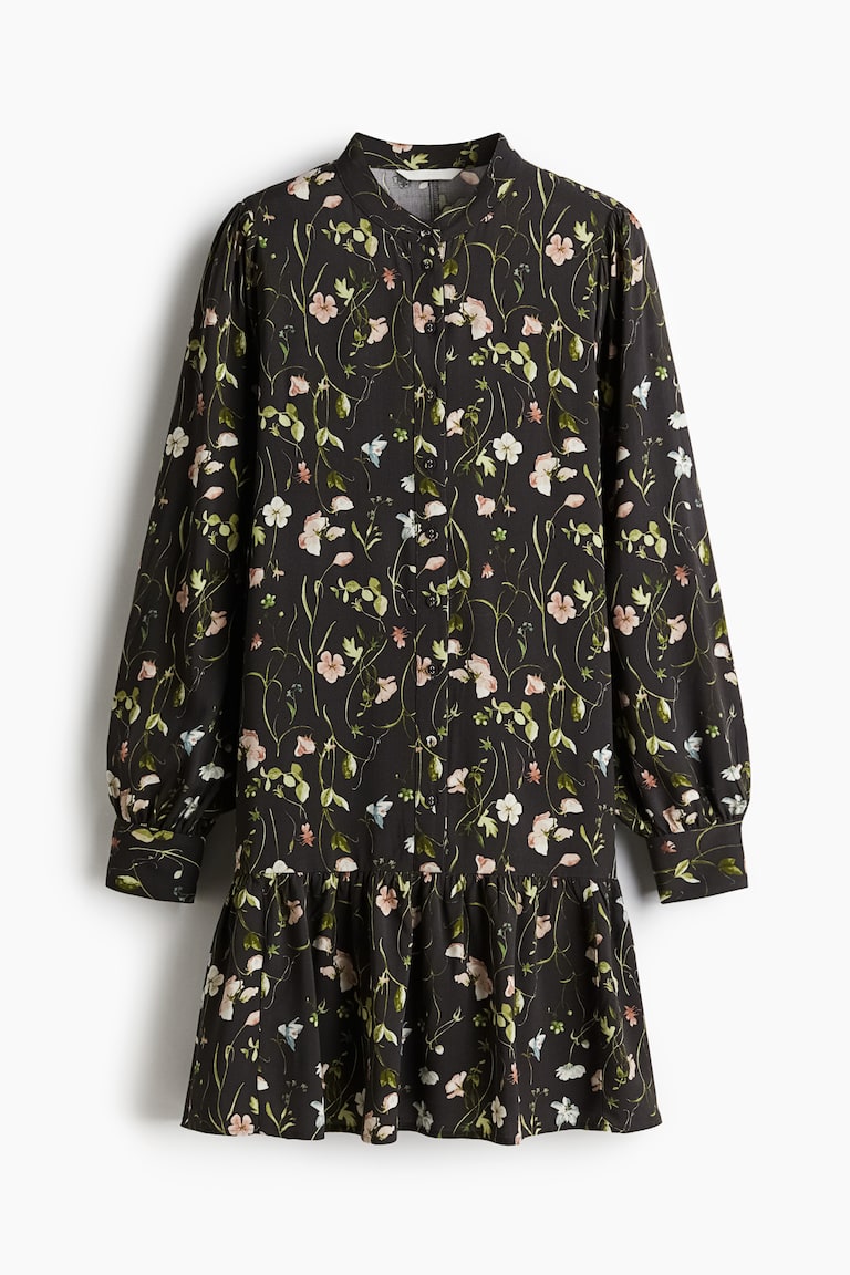 Ladies - Black/White Floral Patterned viscose dress - Size: XXS - H&M