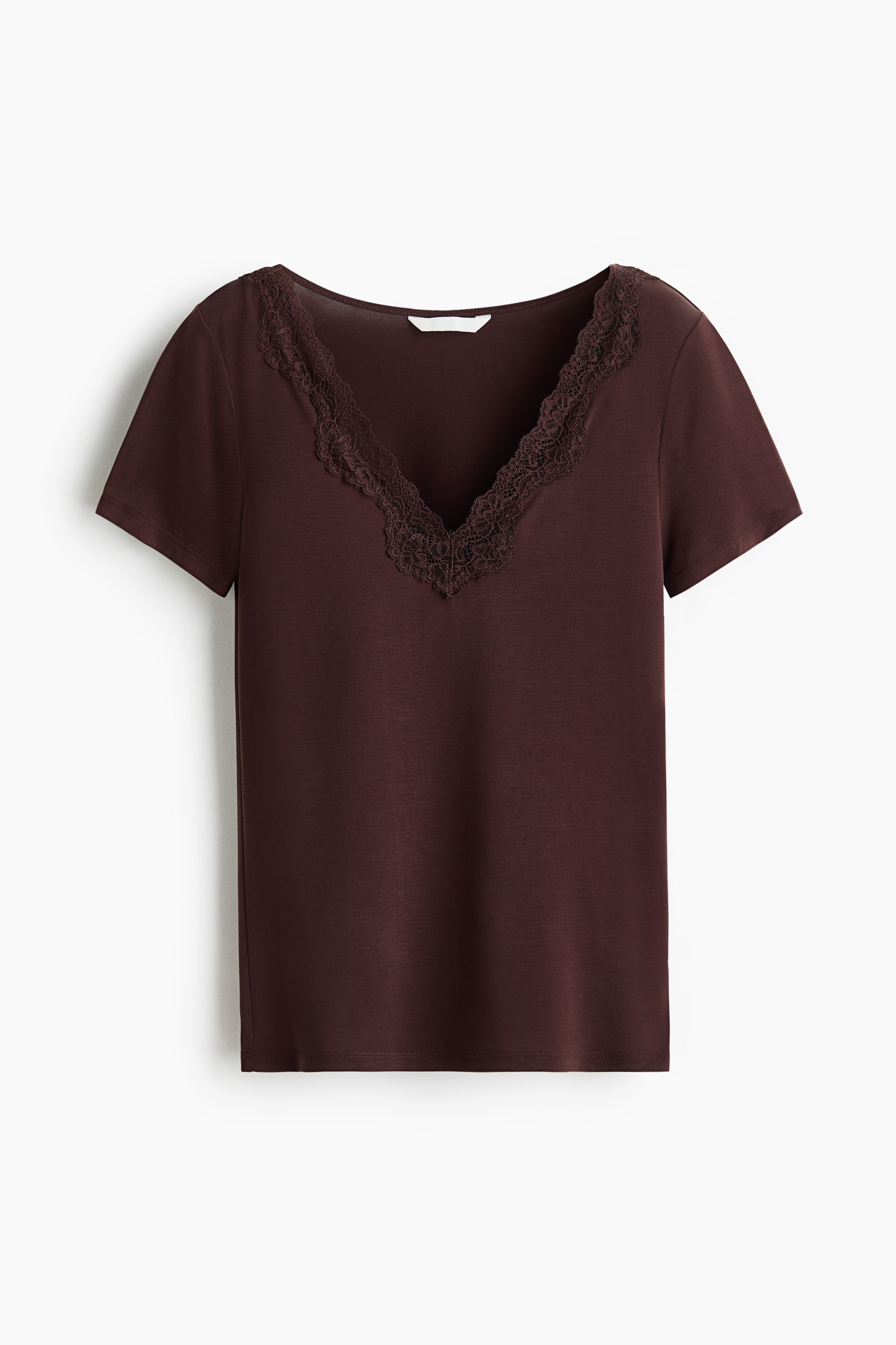 Short-sleeved lace-trimmed top - Dark brown/Black/Cream