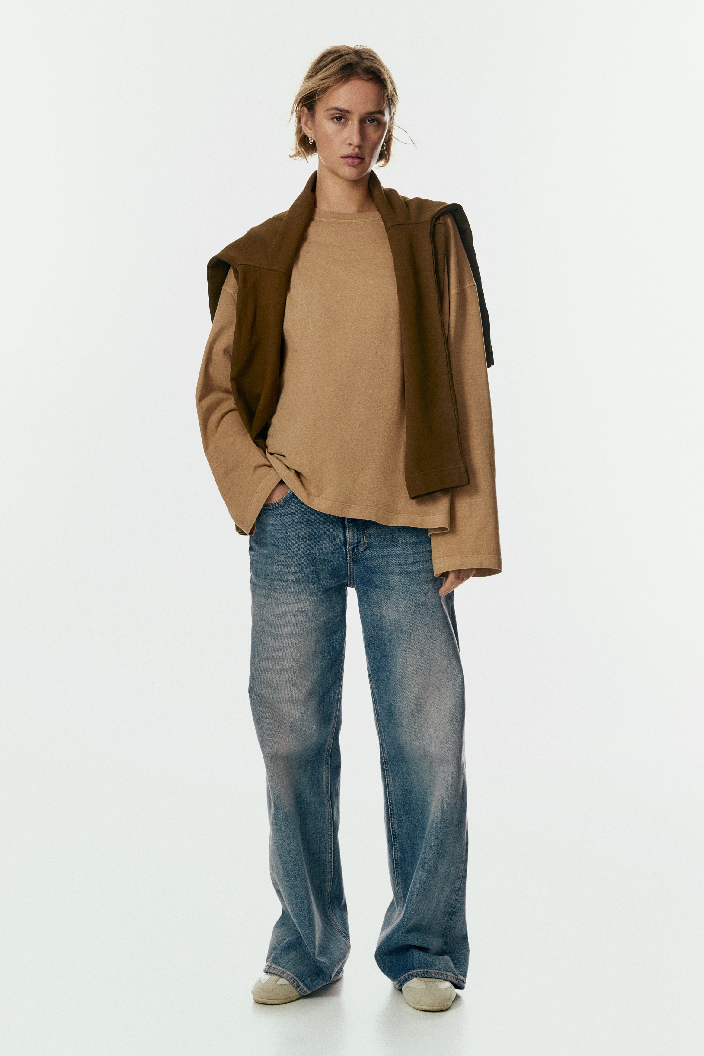 Maglia in cotone a maniche lunghe - Beige/Beige chiaro/Nero