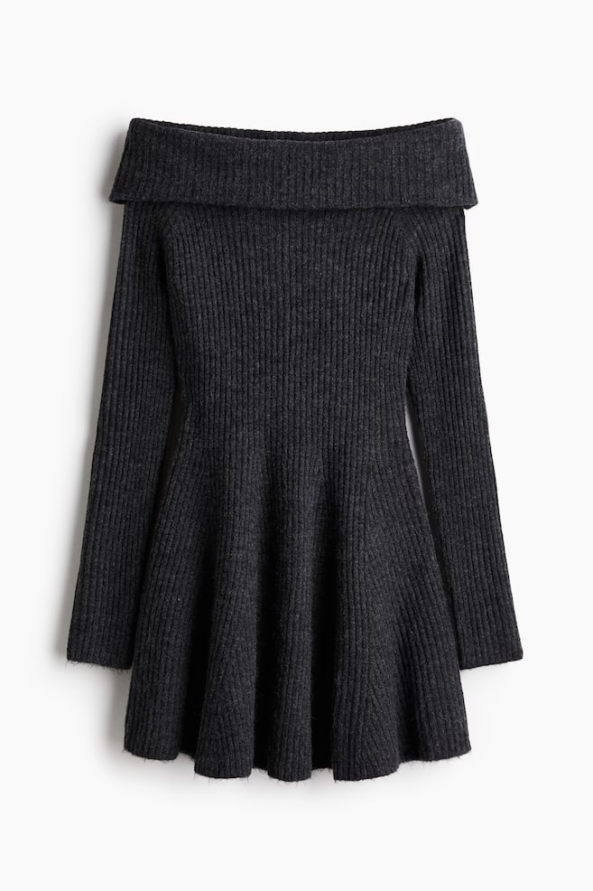 Rib-knit off-the-shoulder dress - Dark grey marl/Red/Beige marl/Cream - 1