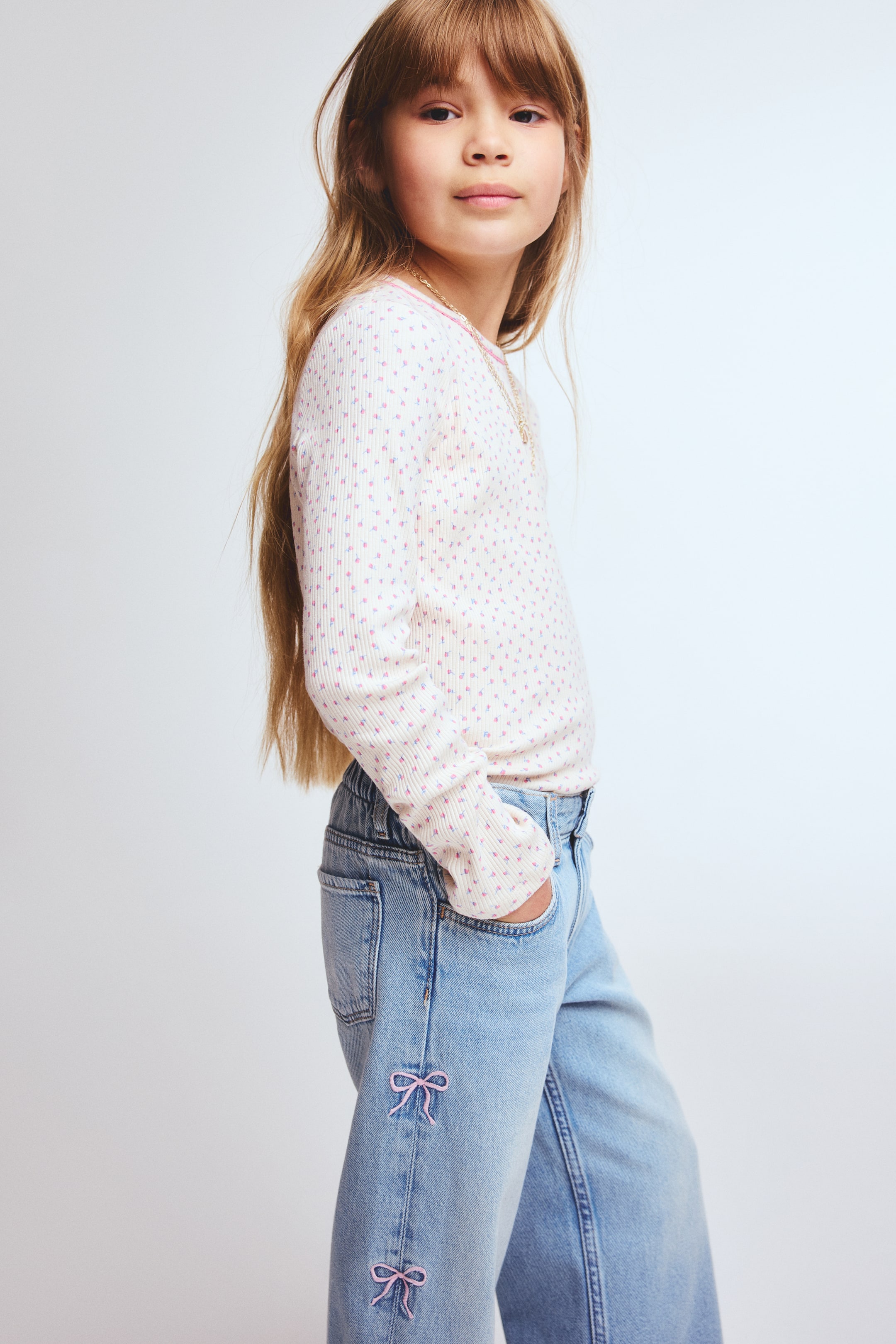 View larger image: Wide-Leg Jeans with Motif - Light denim blue/bows - Kids | H&M US 2