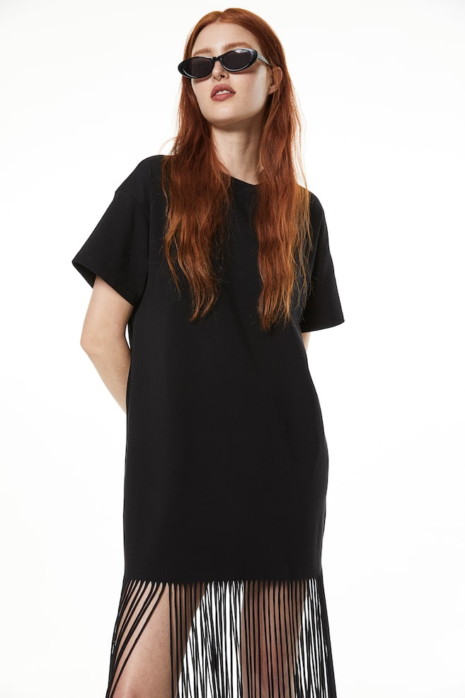 Fringe-trimmed T-shirt dress - Black/White - 4