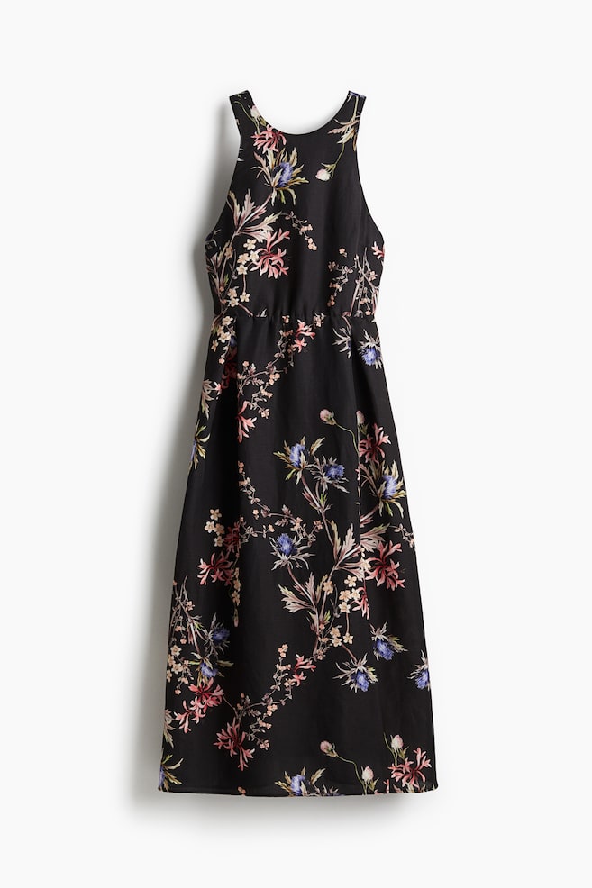 Jurk van linnenmix met strikbandjes - Zwart/bloemen - 1