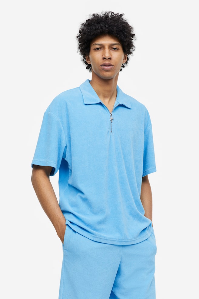 Relaxed Fit Terry polo shirt - Light blue/White - 1