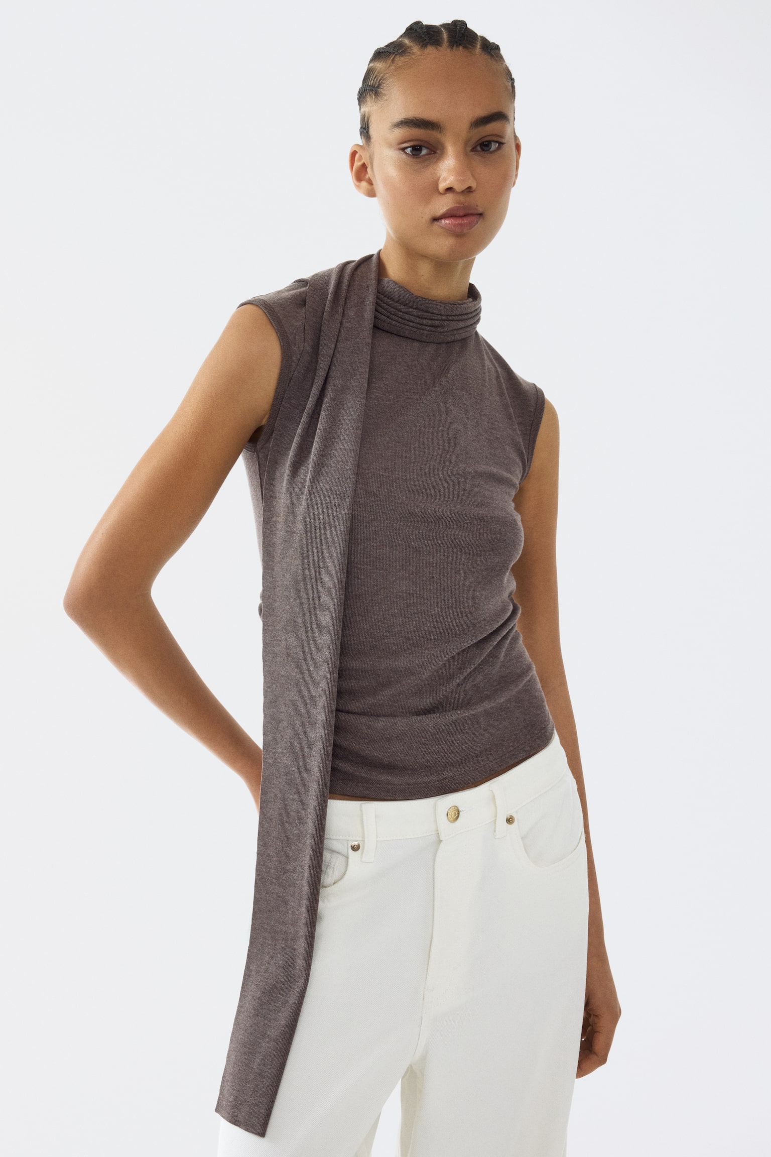 Top with Scarf Collar - Dark brown melange/Dark gray melange - 1