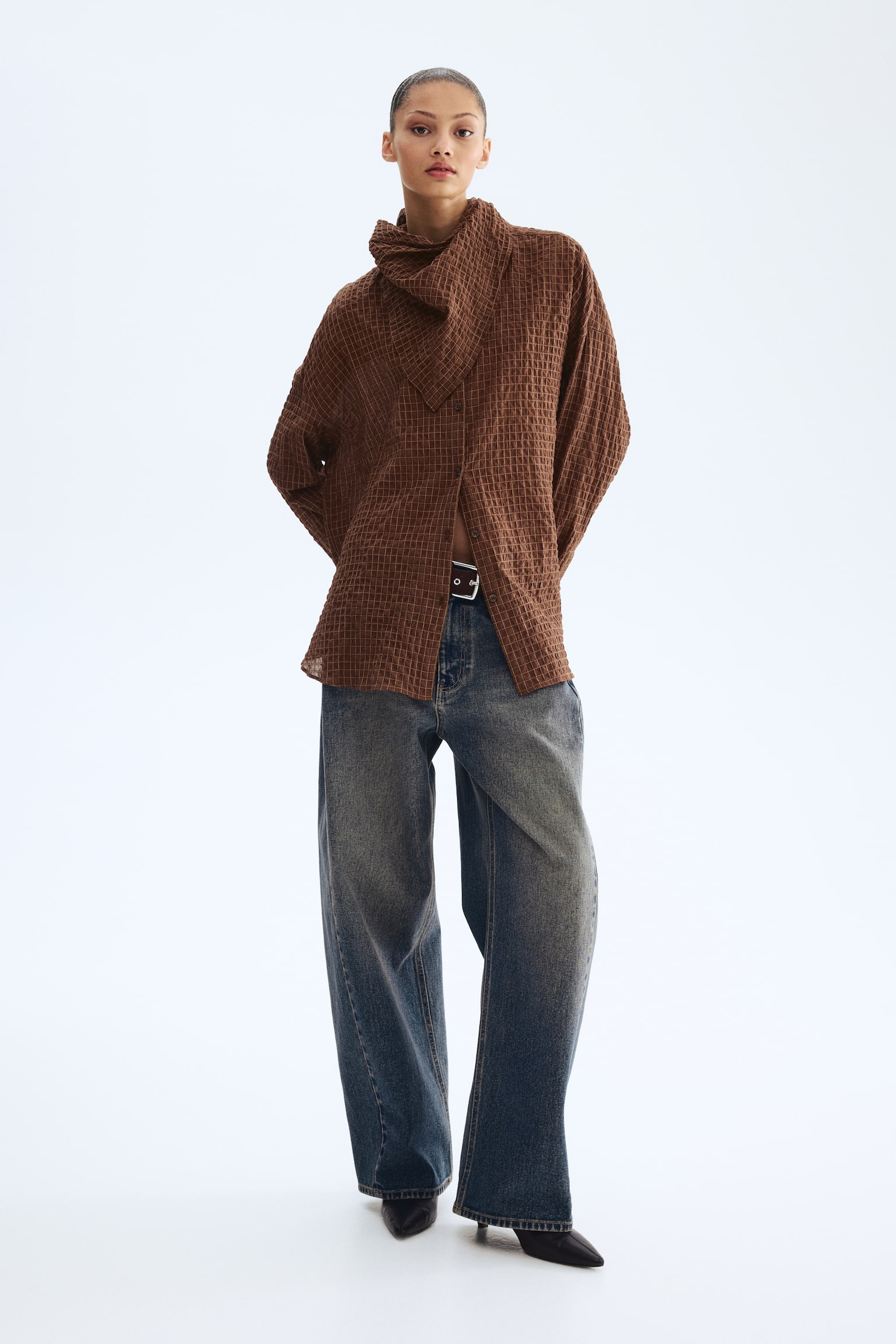 Seersucker shirt with scarf - Brown - 6